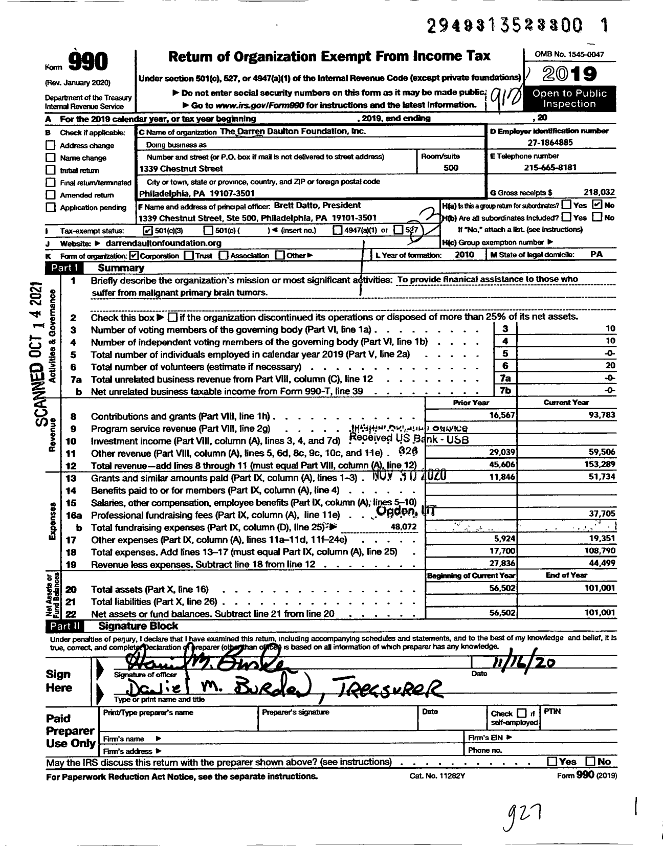 Image of first page of 2019 Form 990 for The Darren Daulton Foundation