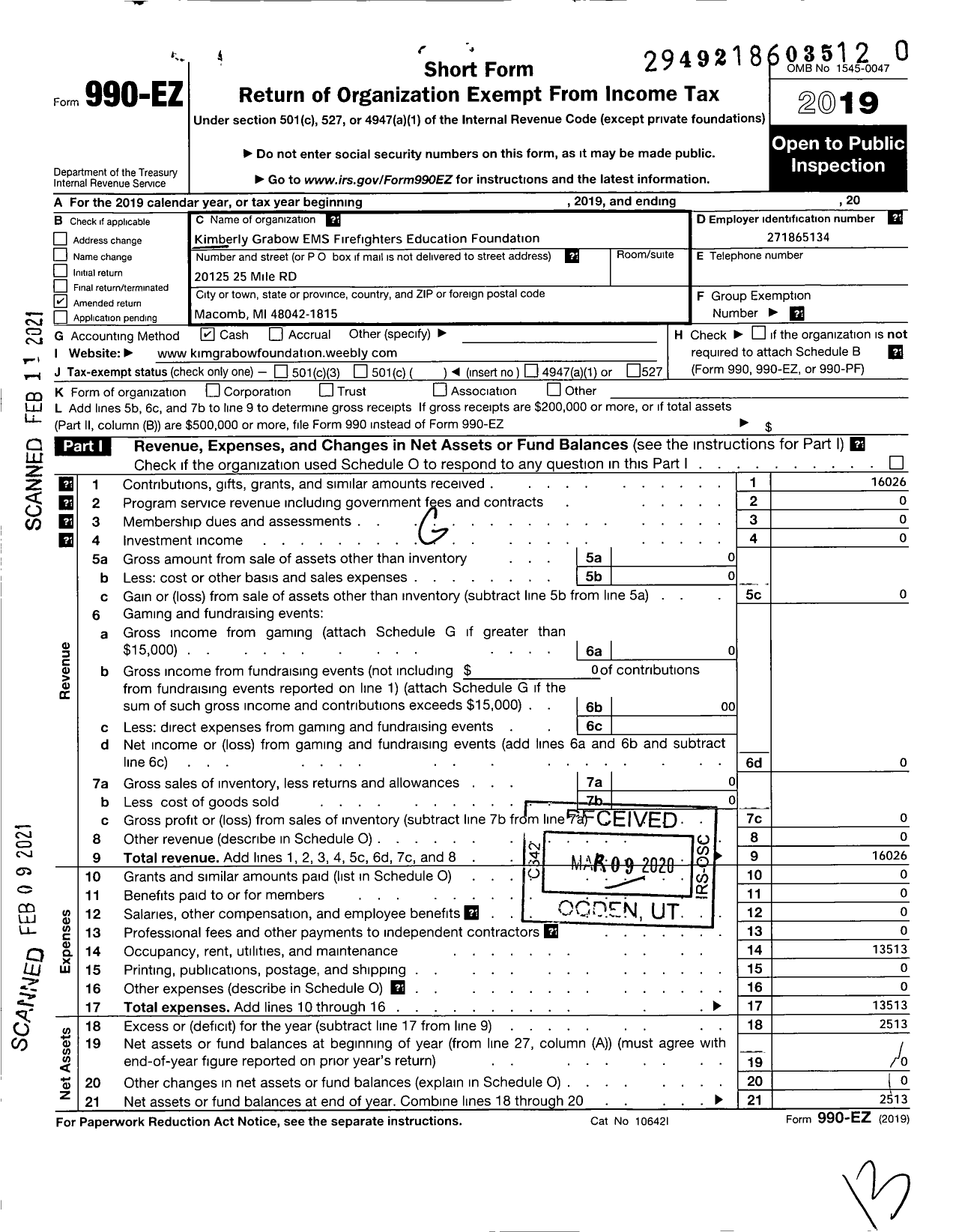 Image of first page of 2019 Form 990O for Kimberly Grabow Ems Firefighter Education Foundation