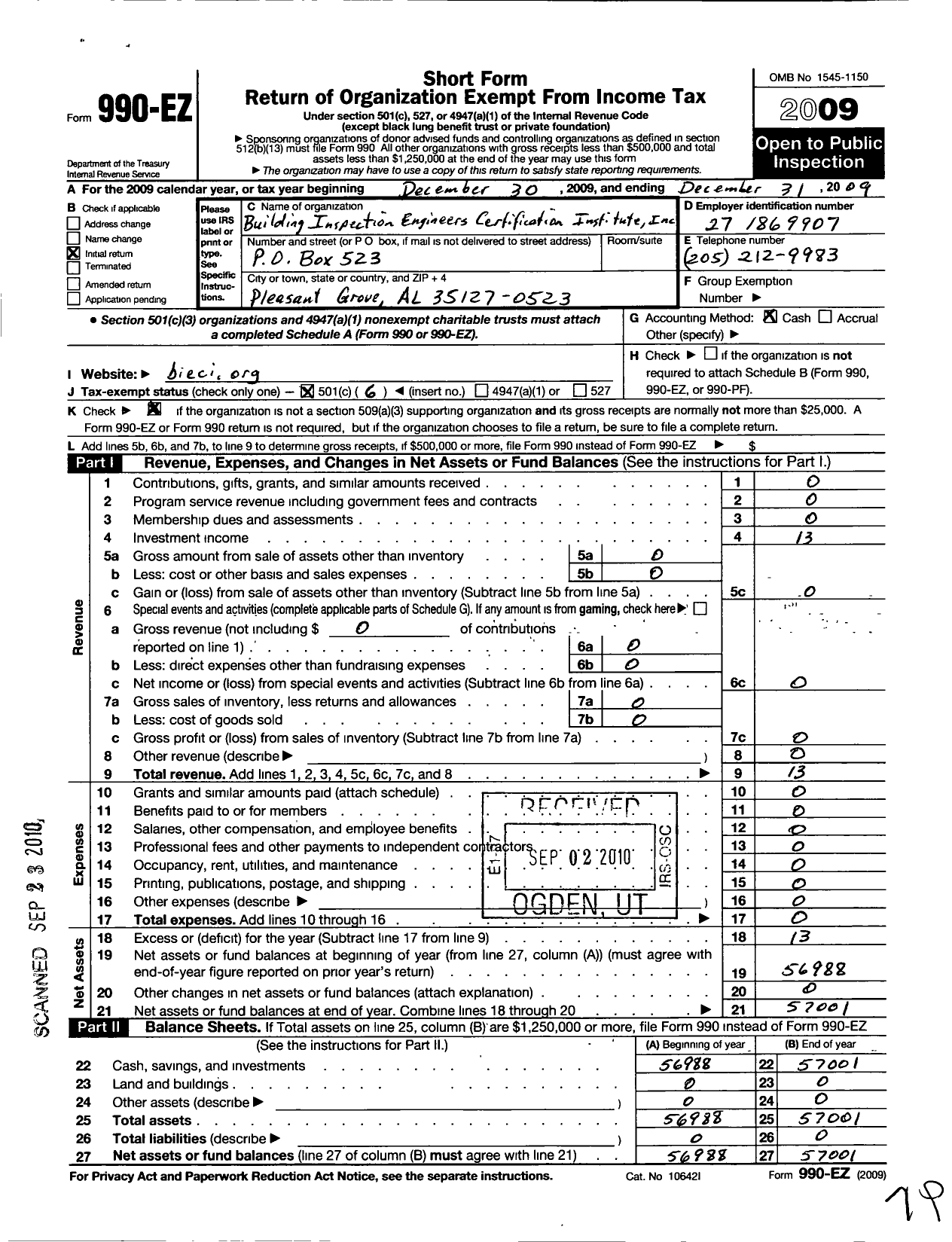 Image of first page of 2009 Form 990EO for Building Inspection Engineers Certification Institute