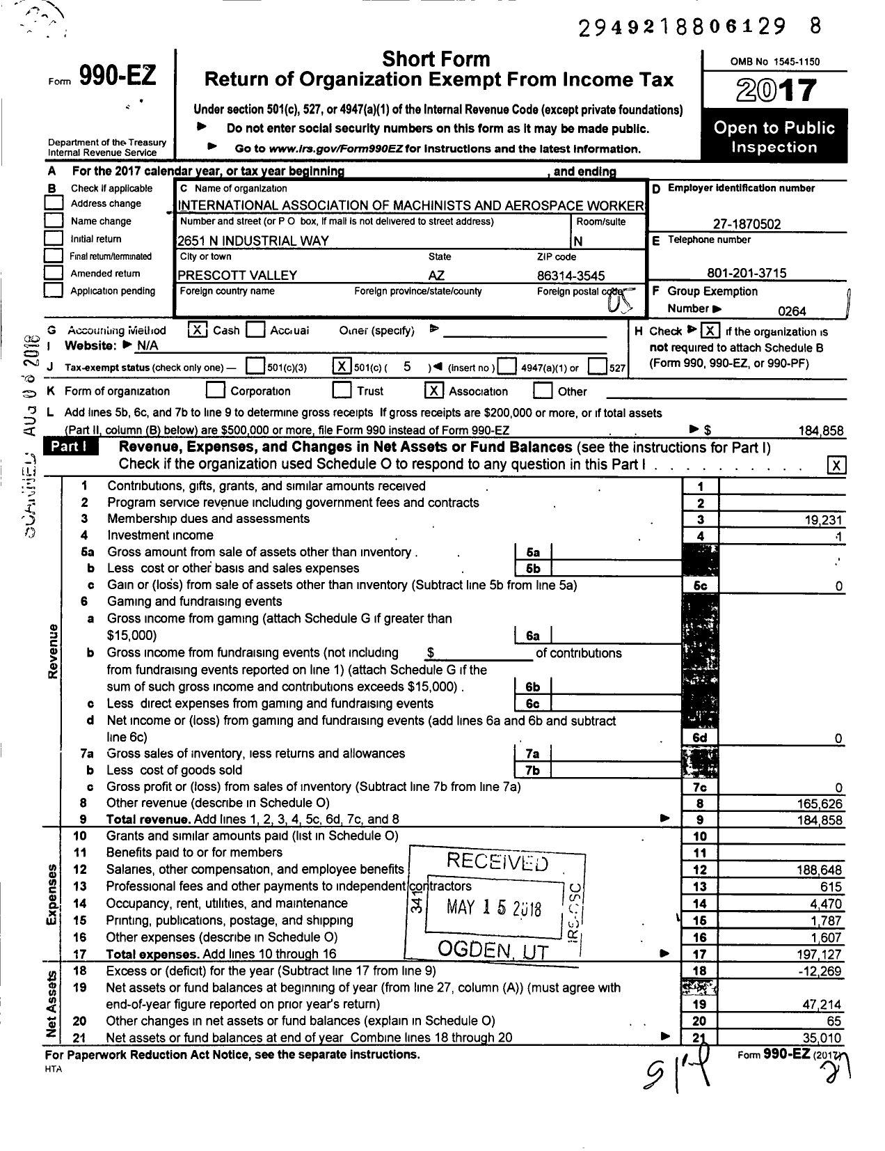 Image of first page of 2017 Form 990EO for International Association of Machinists and Aerospace Workers - 2009 Lodge Iamaw