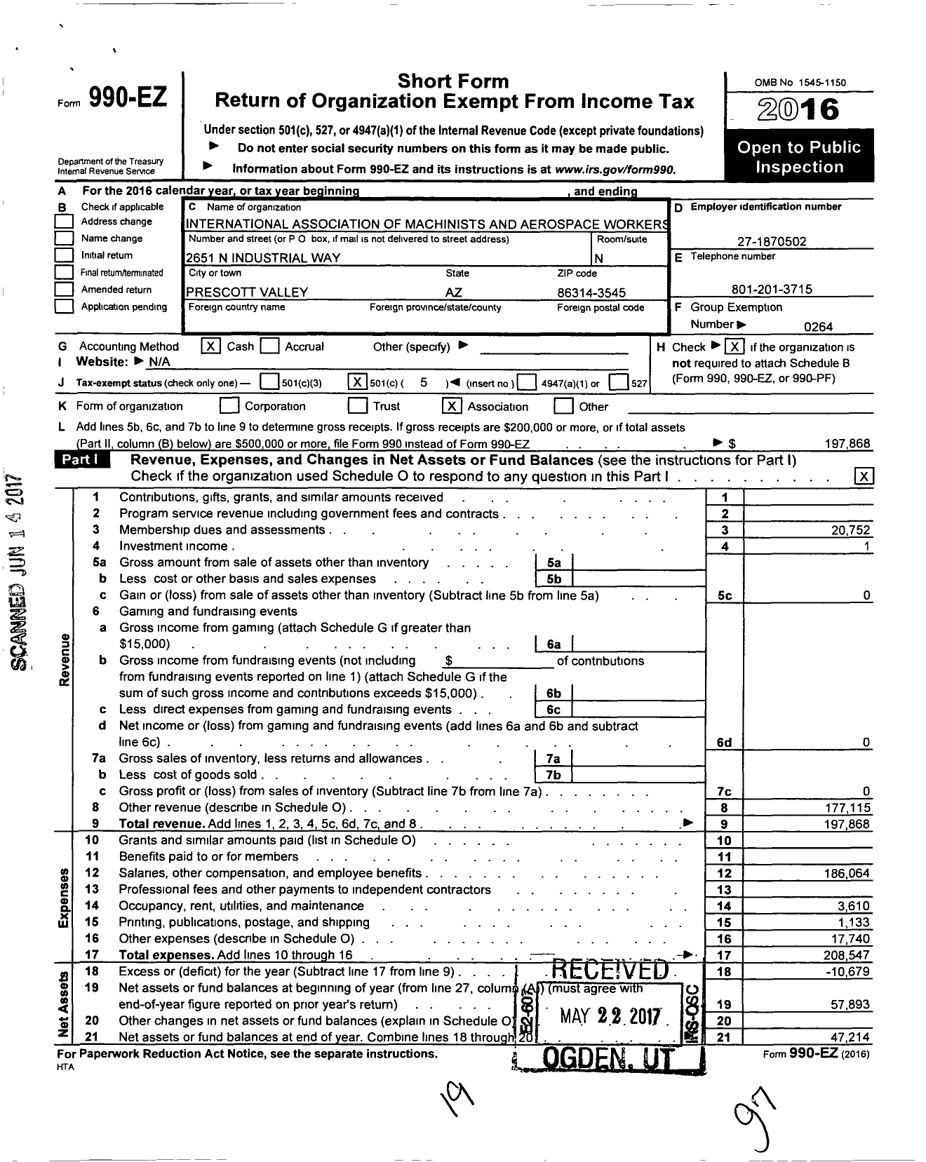 Image of first page of 2016 Form 990EO for International Association of Machinists and Aerospace Workers - 2009 Lodge Iamaw