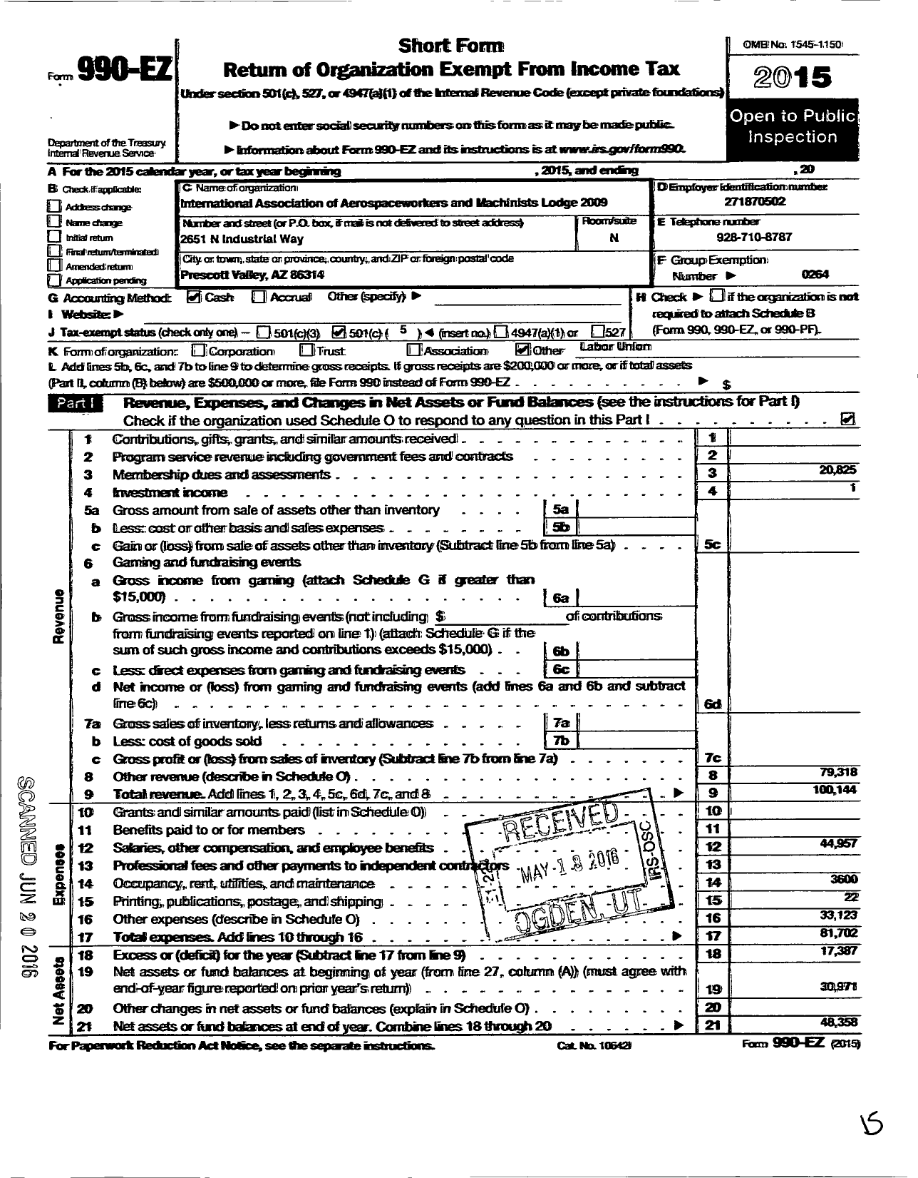 Image of first page of 2015 Form 990EO for International Association of Machinists and Aerospace Workers - 2009 Lodge Iamaw