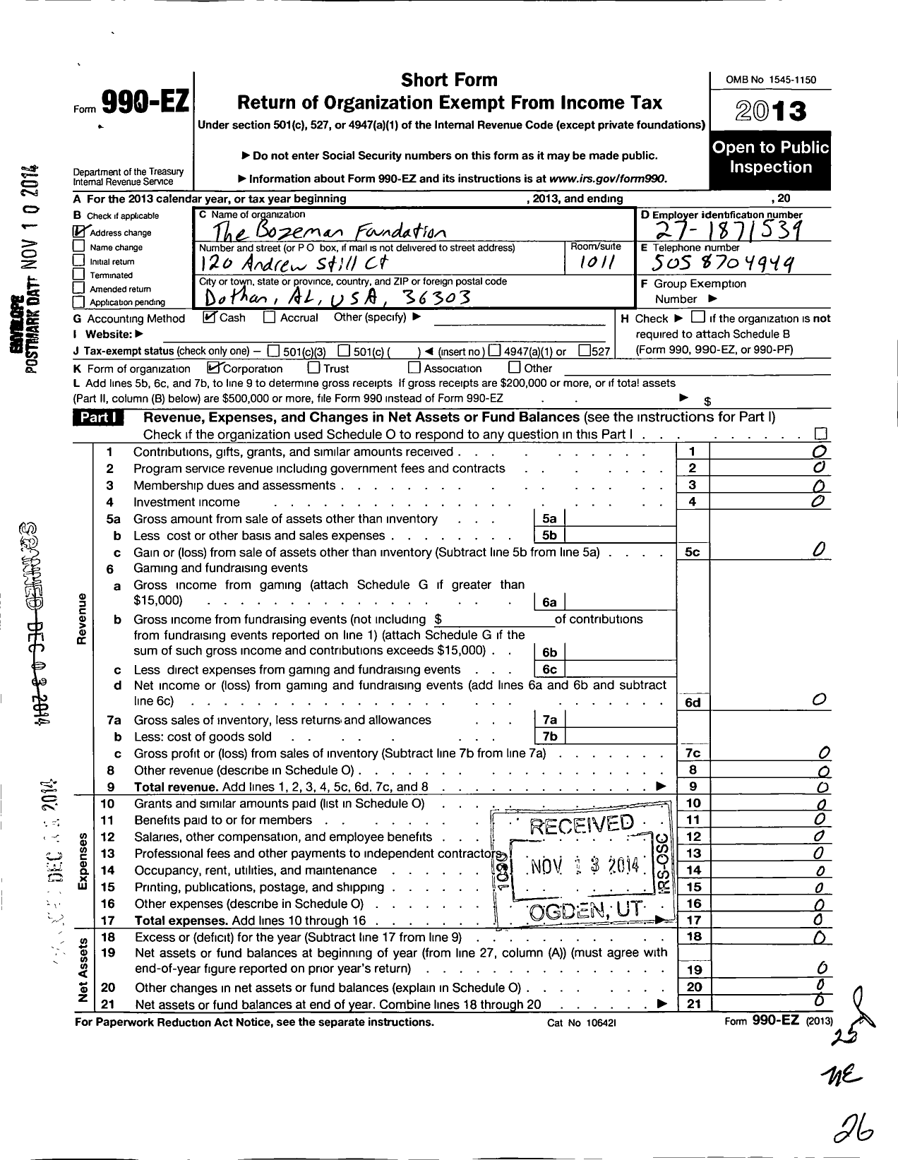 Image of first page of 2013 Form 990EO for Bozeman Foundation for Educational Progress