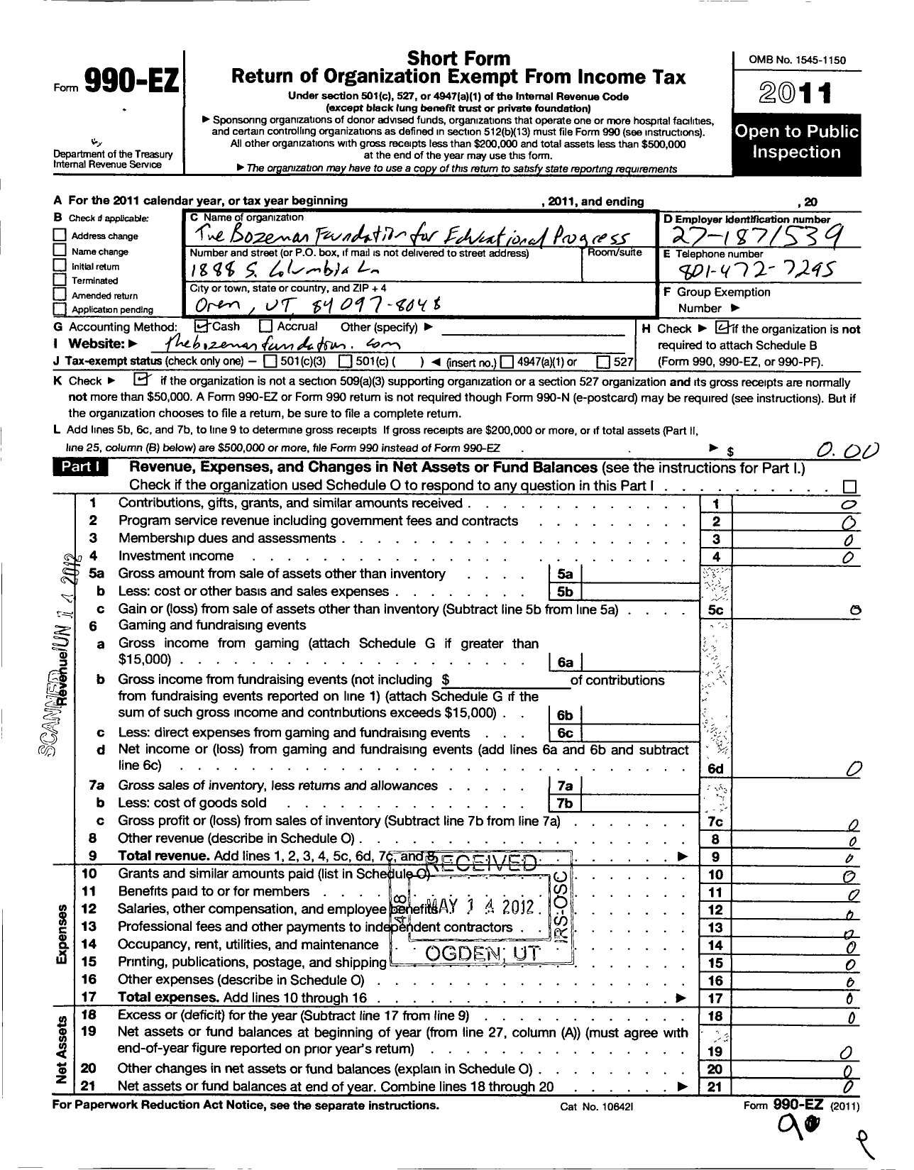 Image of first page of 2011 Form 990EO for Bozeman Foundation for Educational Progress