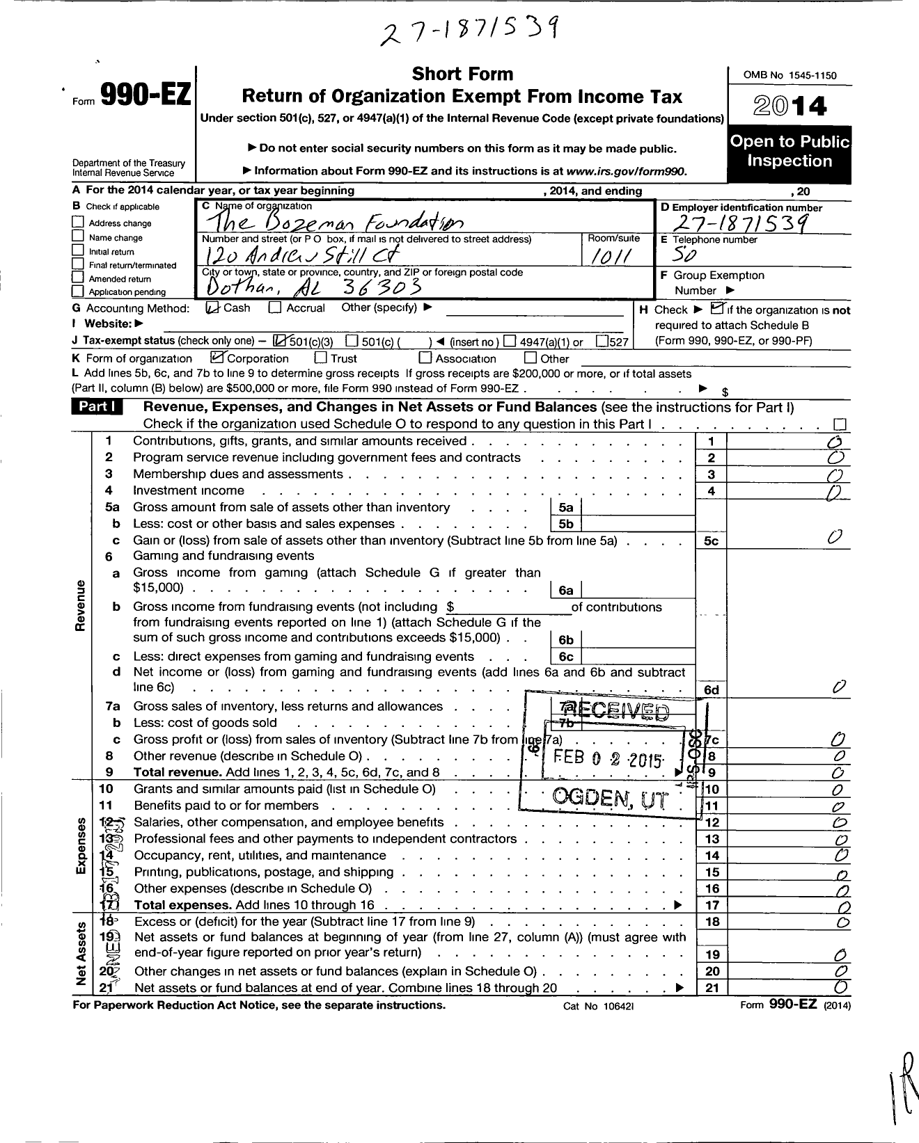 Image of first page of 2014 Form 990EZ for Bozeman Foundation for Educational Progress