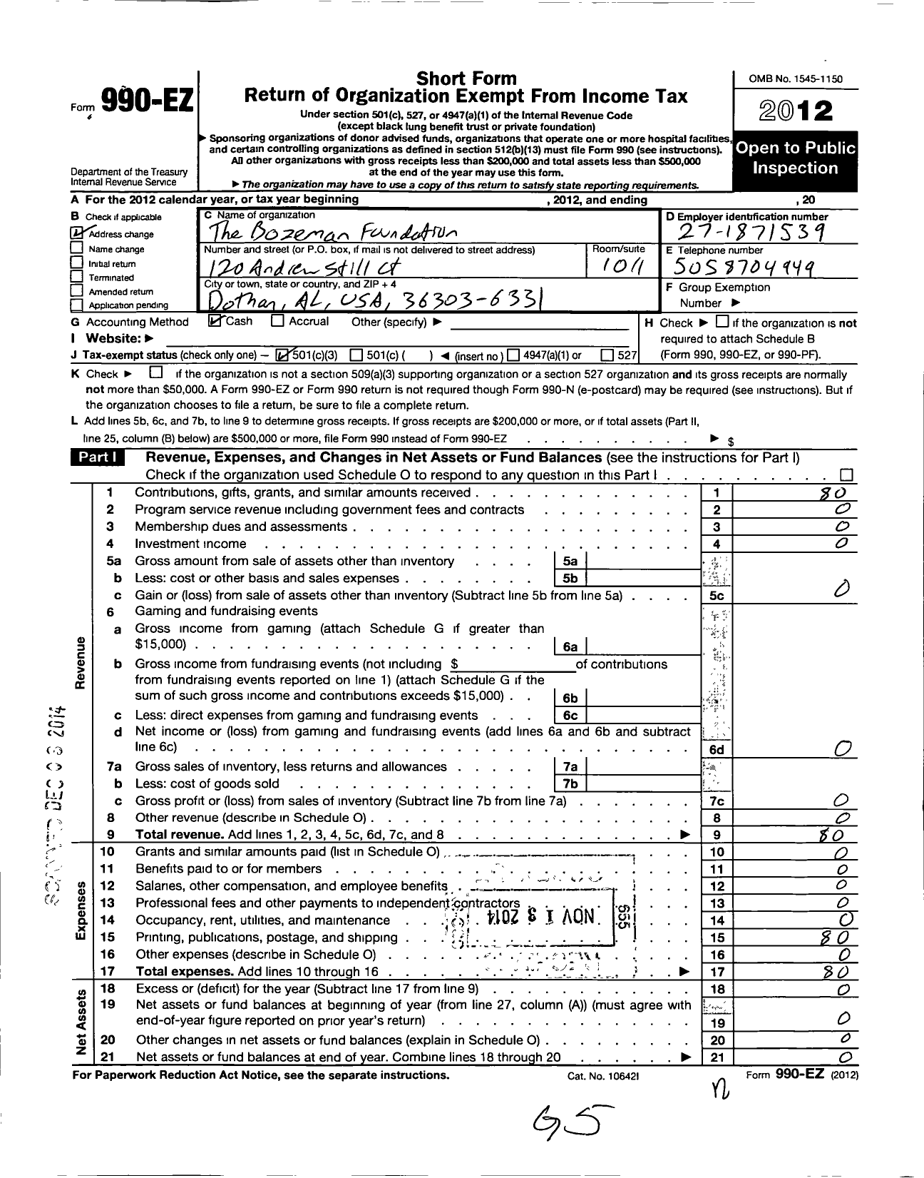 Image of first page of 2012 Form 990EZ for Bozeman Foundation for Educational Progress