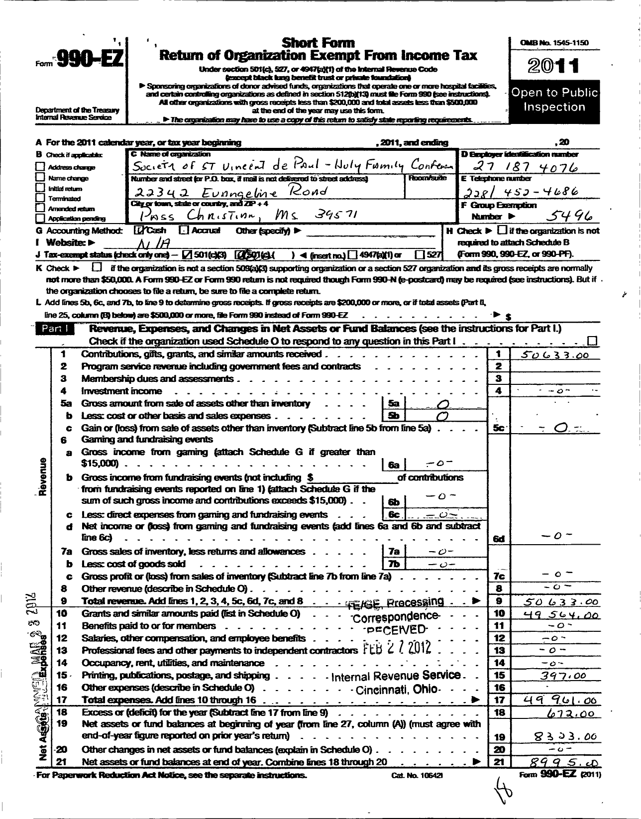 Image of first page of 2011 Form 990EZ for Society of St Vincent de Paul Holy Family Conference