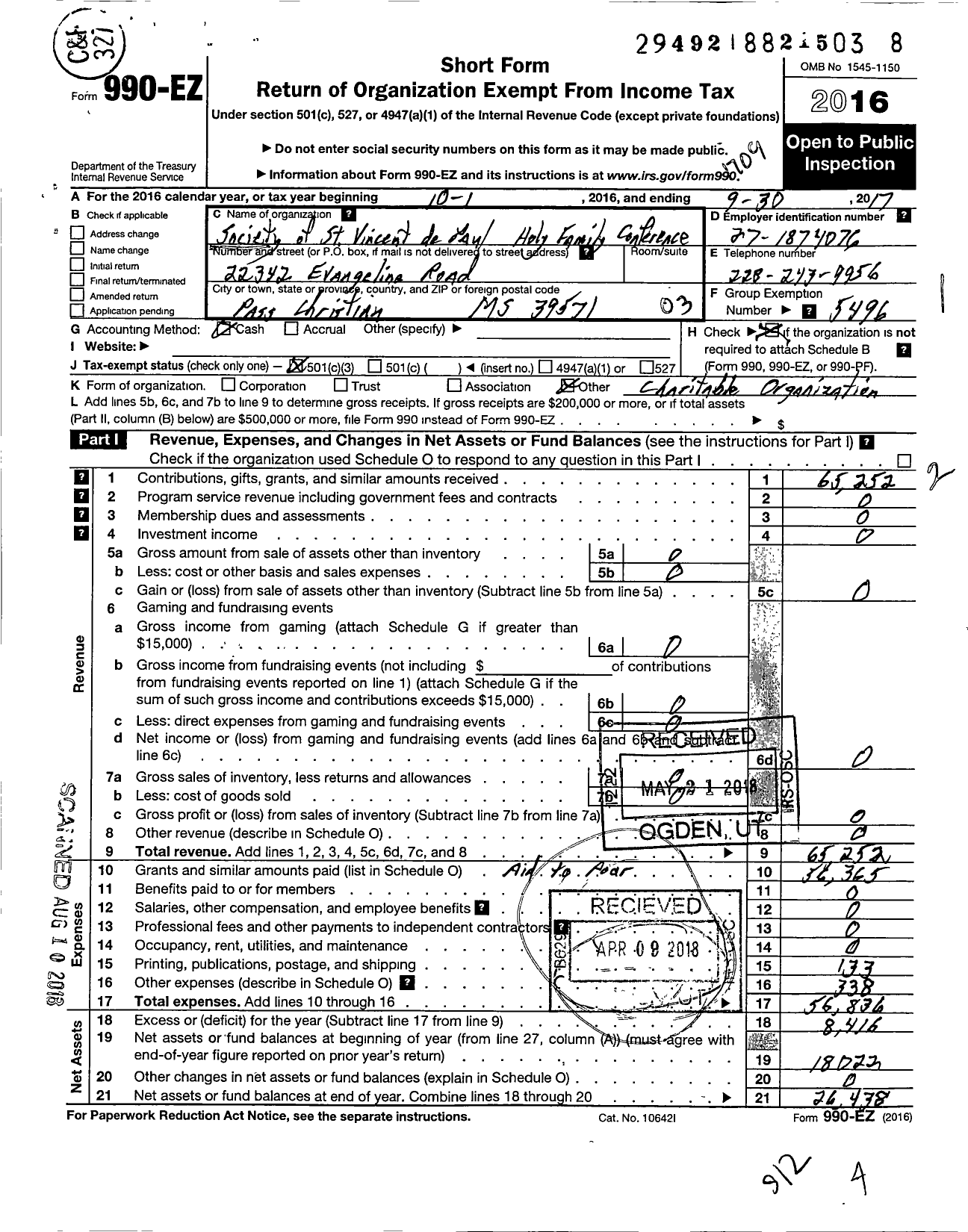 Image of first page of 2016 Form 990EZ for Society of St Vincent de Paul Holy Family Conference