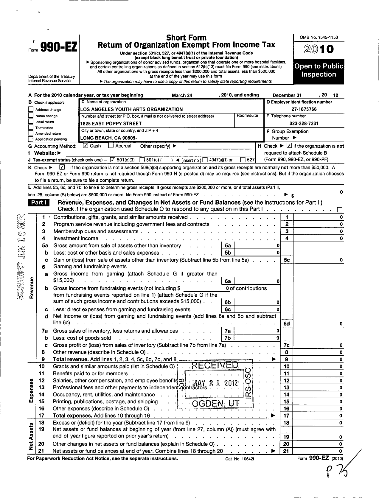 Image of first page of 2010 Form 990EZ for Los Angeles Youth Arts Org