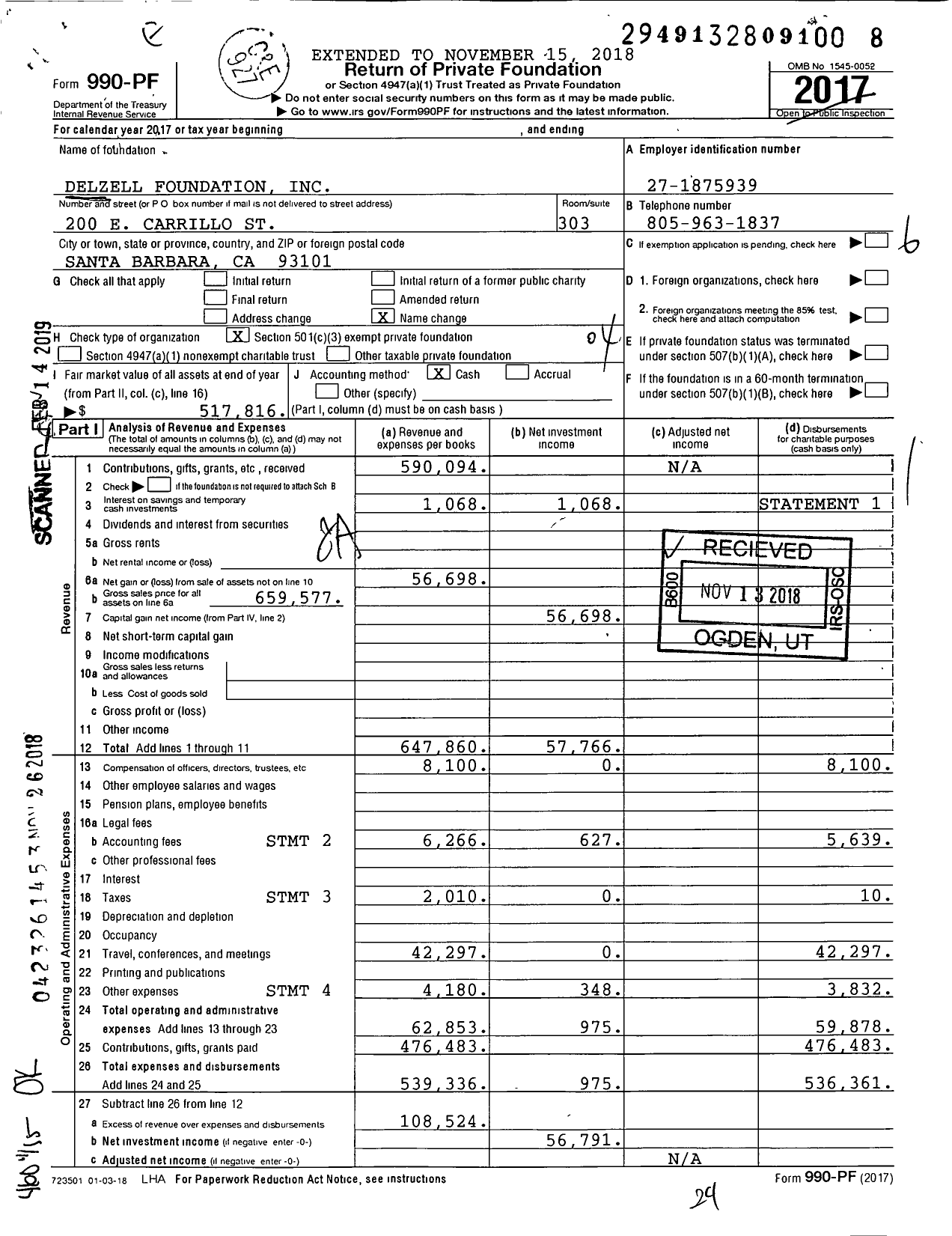 Image of first page of 2017 Form 990PF for Delzell Foundation