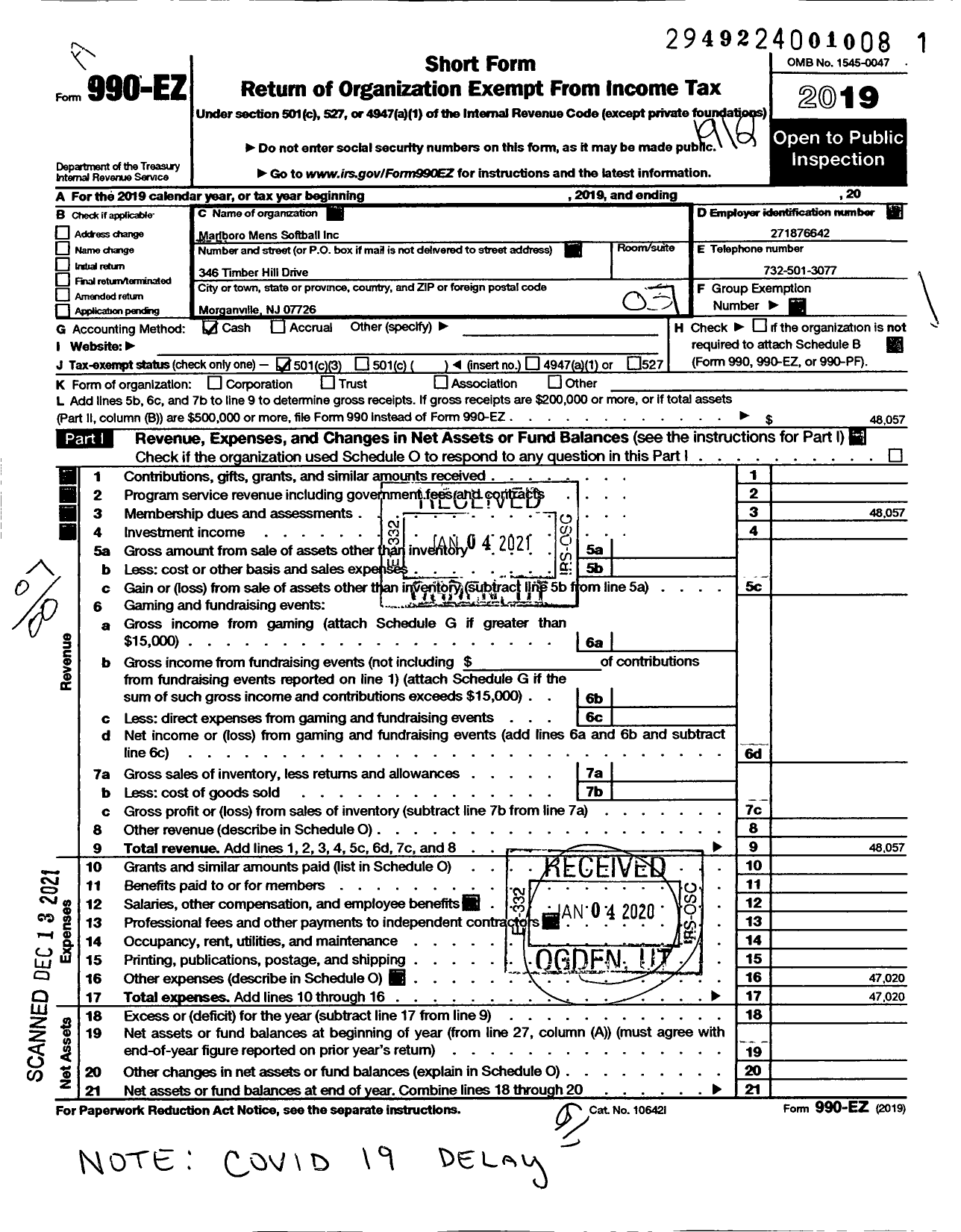 Image of first page of 2019 Form 990EO for Marlboro Mens Softball