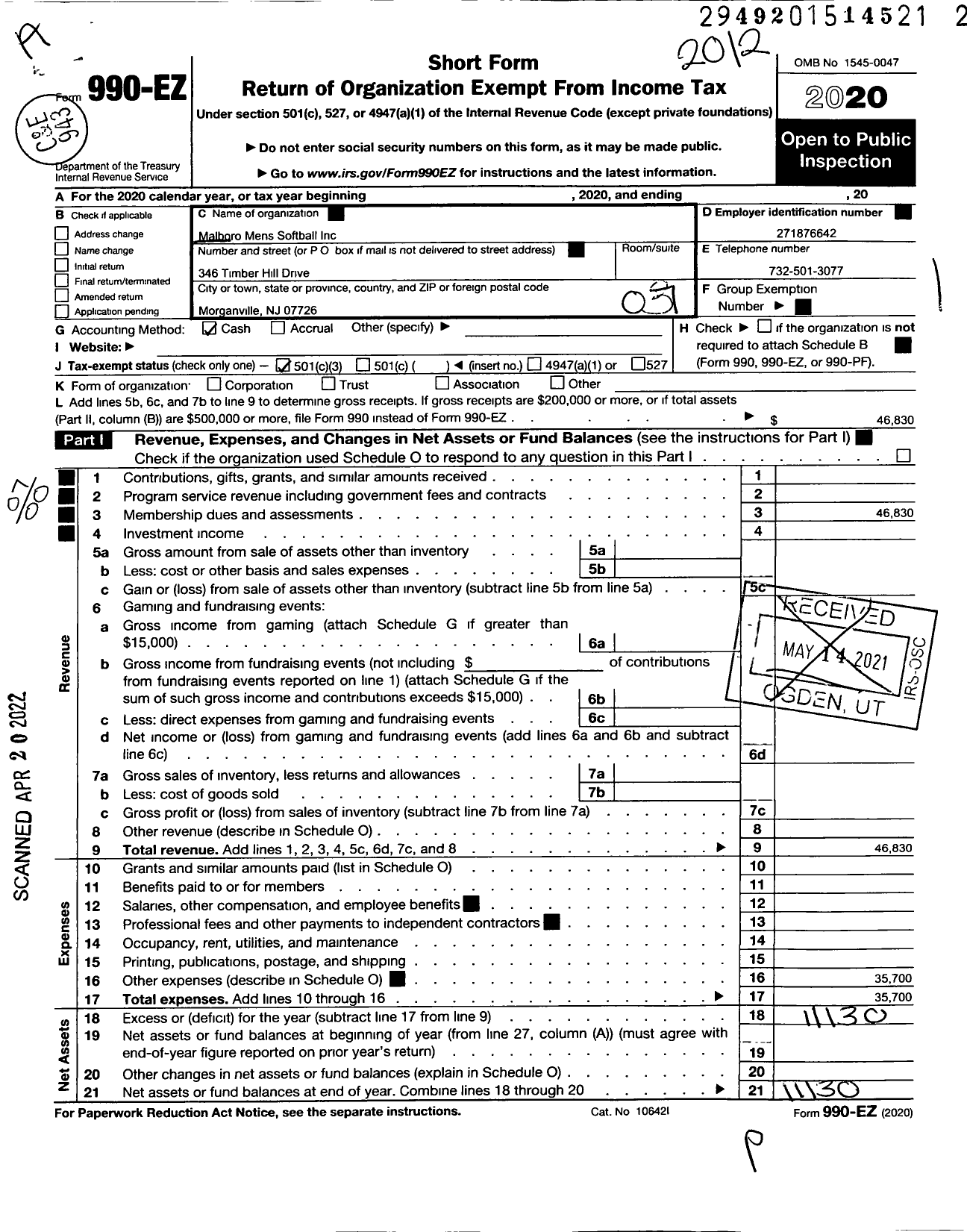 Image of first page of 2020 Form 990EO for Marlboro Mens Softball