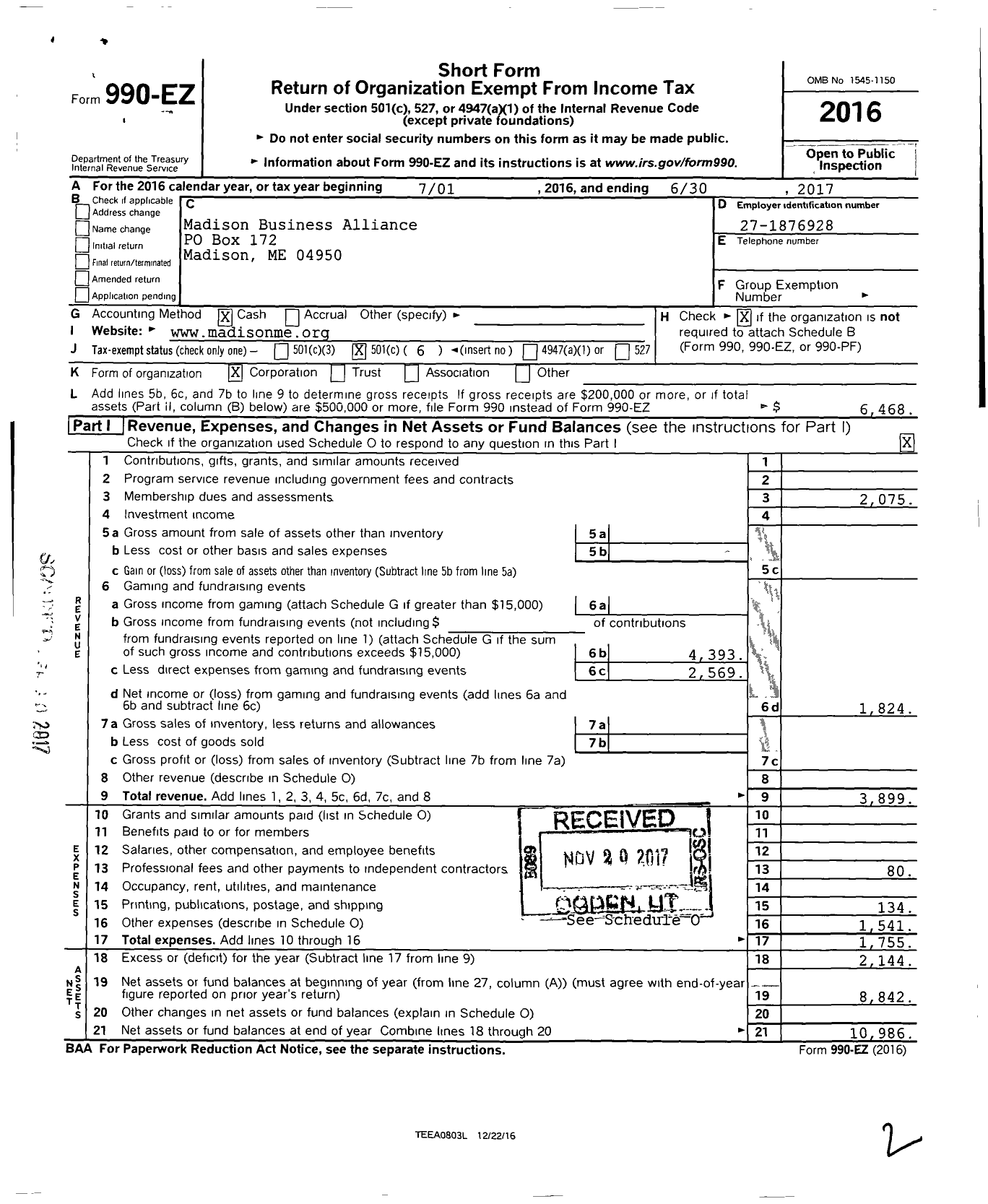 Image of first page of 2016 Form 990EO for Madison Business Alliance