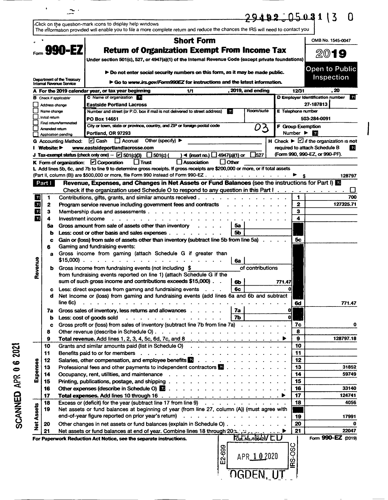 Image of first page of 2019 Form 990EZ for Eastside Portland Lacrosse