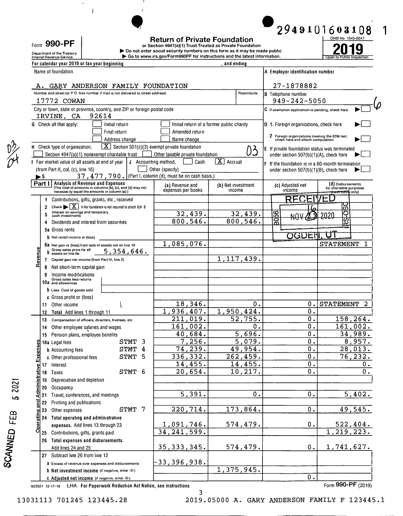 Image of first page of 2019 Form 990PA for A. Gary Anderson Family Foundation