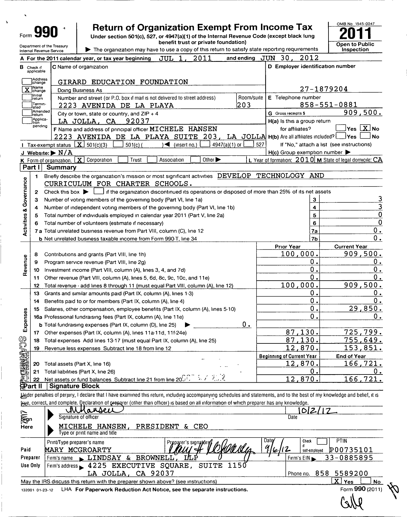 Image of first page of 2011 Form 990 for Girard Education Foundation