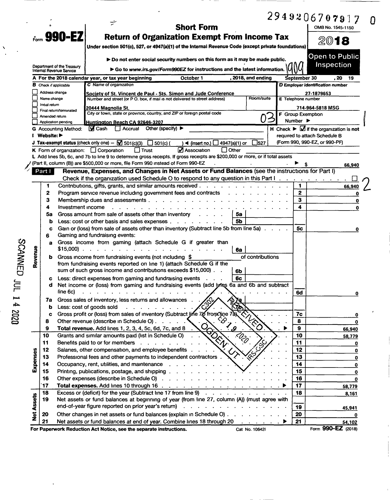 Image of first page of 2018 Form 990EZ for Society of St Vincent de Paul STS Simon and Jude Conference