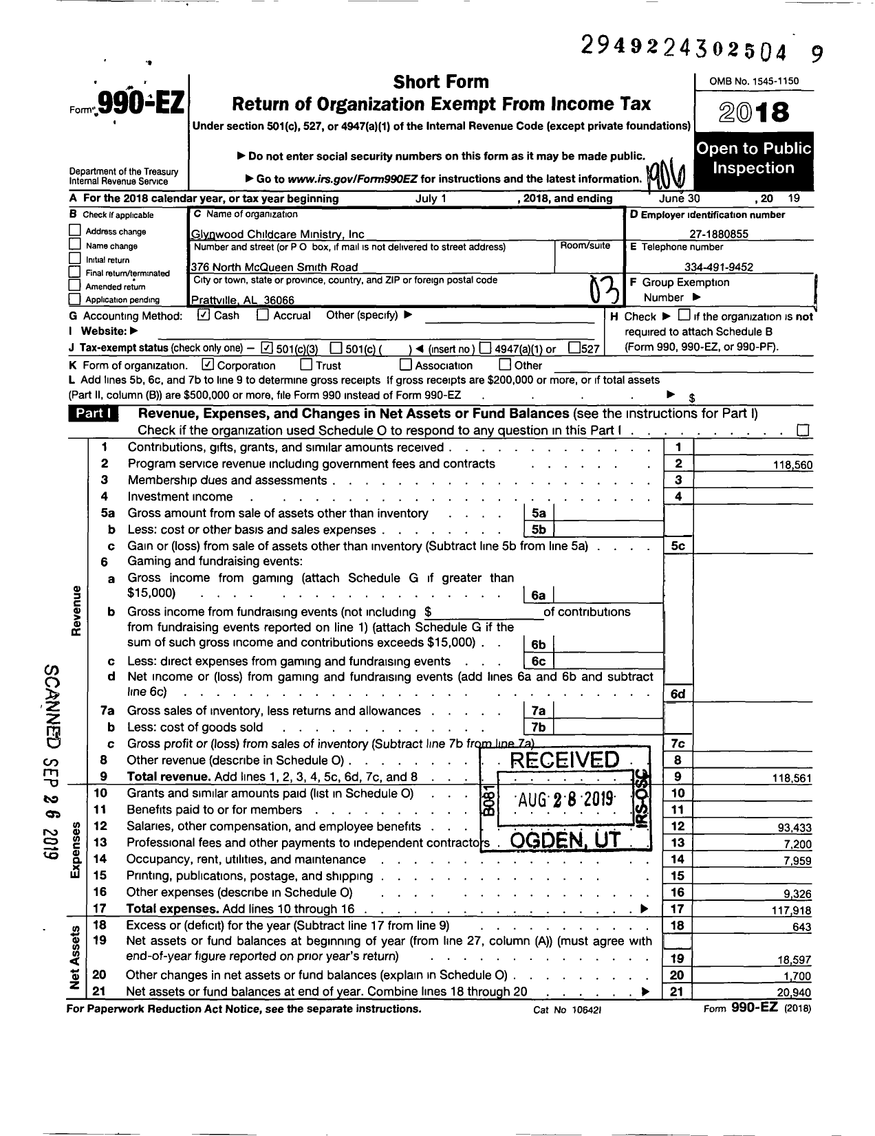 Image of first page of 2018 Form 990EZ for Glynwood Childcare Ministry