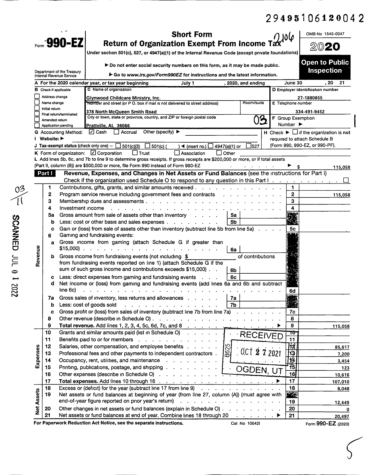 Image of first page of 2020 Form 990EZ for Glynwood Childcare Ministry