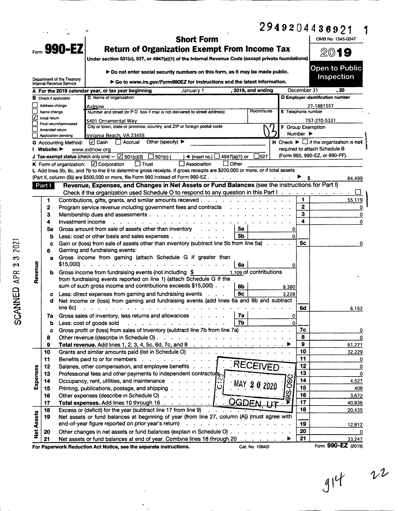 Image of first page of 2019 Form 990EZ for Aidnow