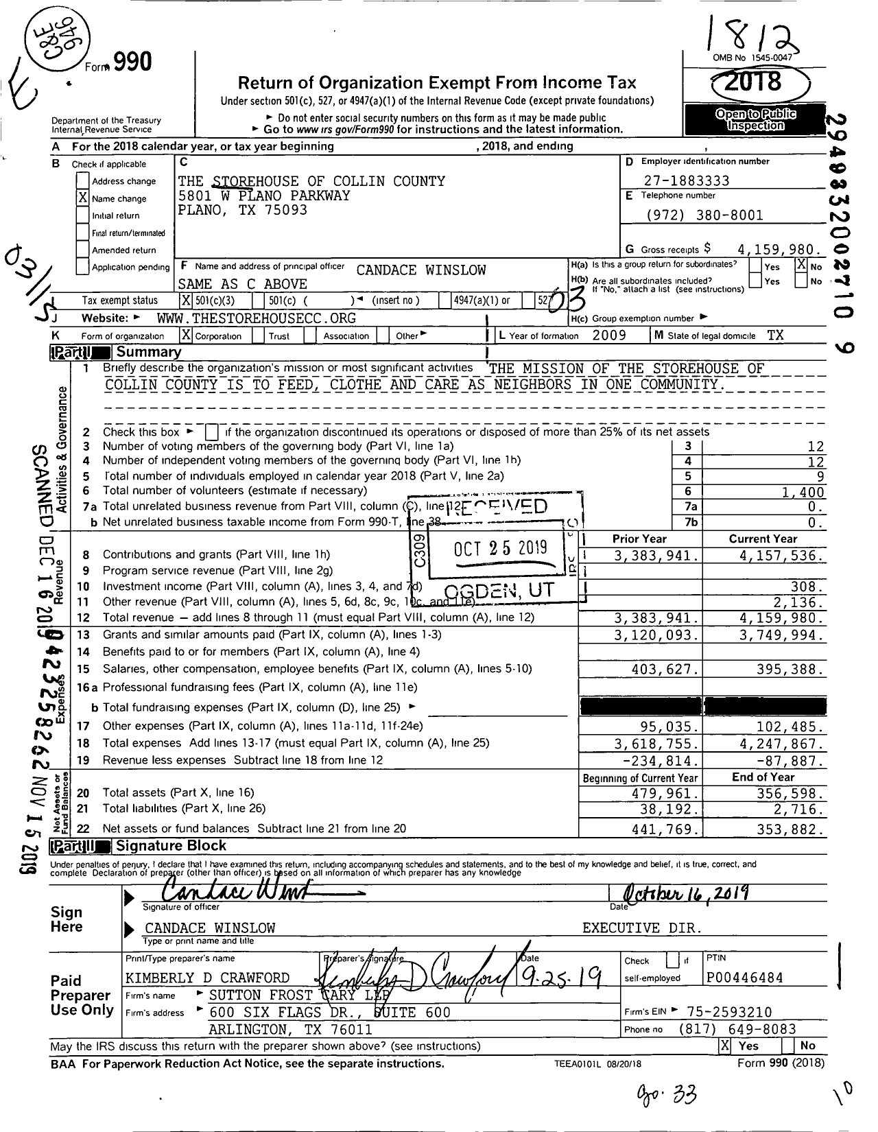 Image of first page of 2018 Form 990 for The Storehouse of Collin County