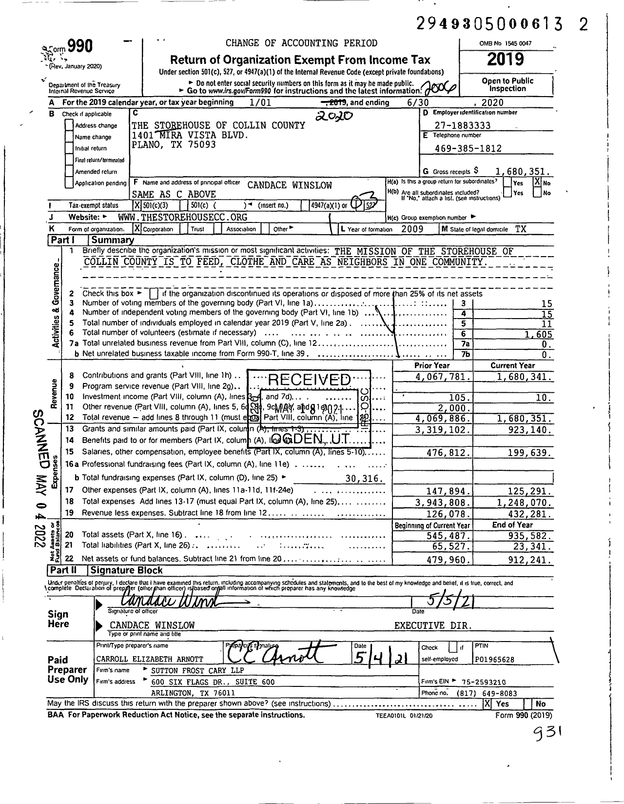 Image of first page of 2019 Form 990 for The Storehouse of Collin County