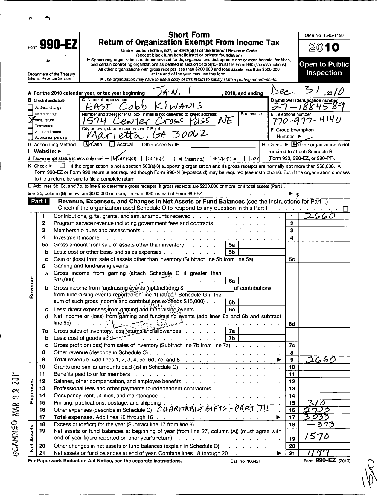 Image of first page of 2010 Form 990EZ for Kiwanis Club of East Cobb County Ga