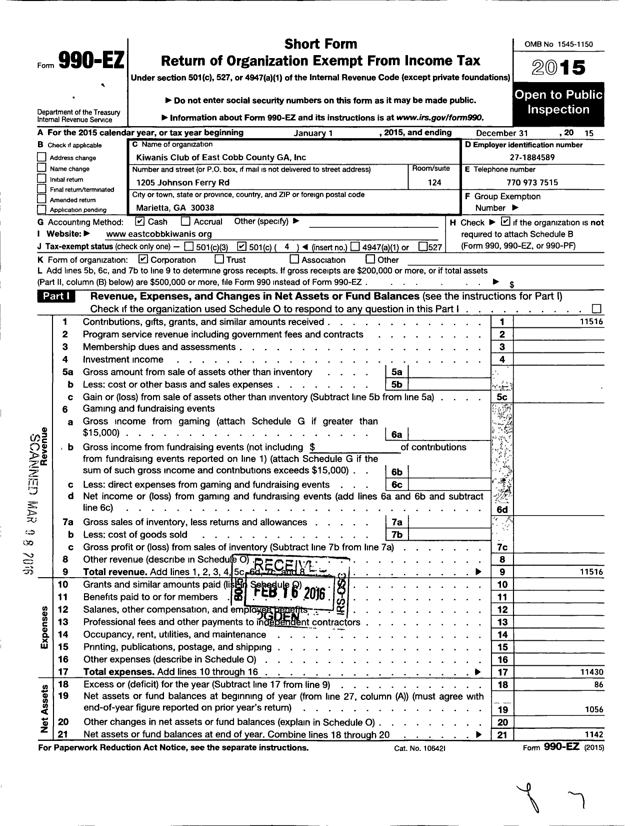 Image of first page of 2015 Form 990EO for Kiwanis Club of East Cobb County Ga