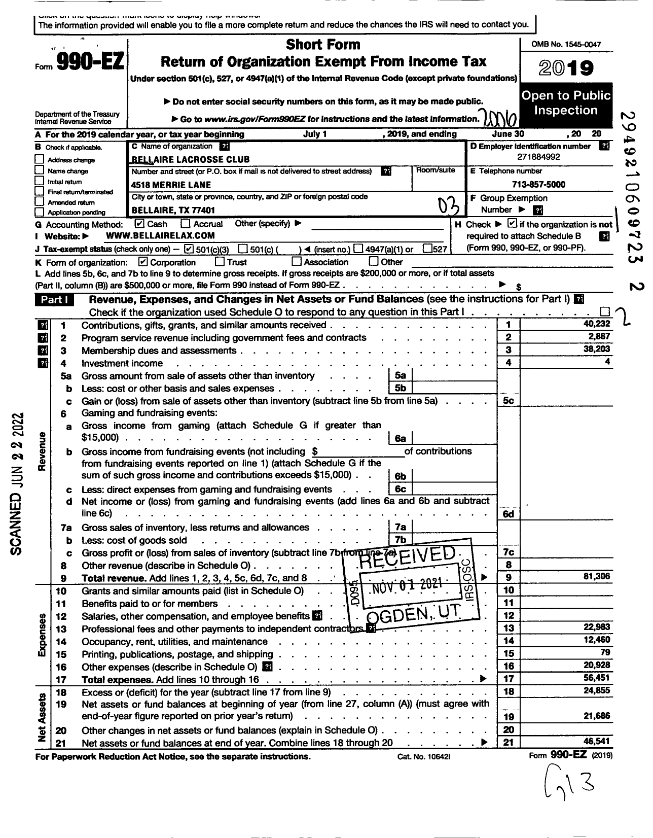 Image of first page of 2019 Form 990EZ for Bellaire Lacrosse Club