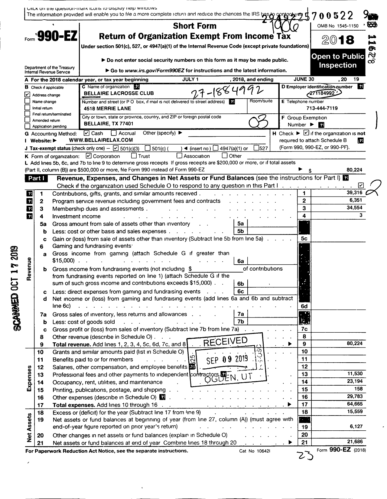 Image of first page of 2018 Form 990EZ for Bellaire Lacrosse Club