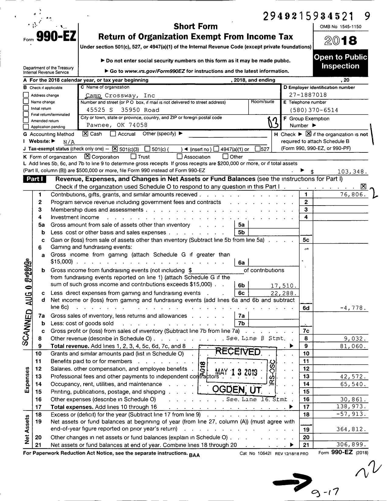 Image of first page of 2018 Form 990EZ for Camp Crossway