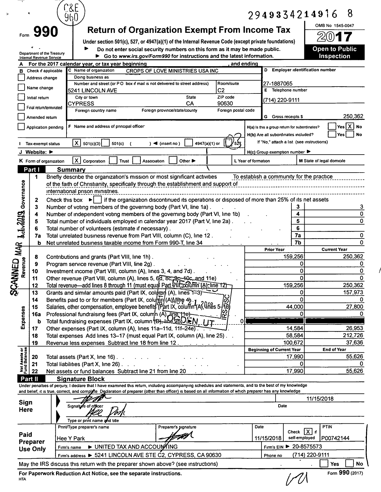 Image of first page of 2017 Form 990 for Crops of Love Ministries USA