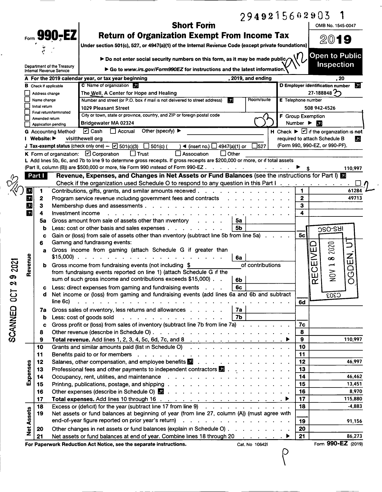 Image of first page of 2019 Form 990EZ for The Well A Center for Hope and Healing