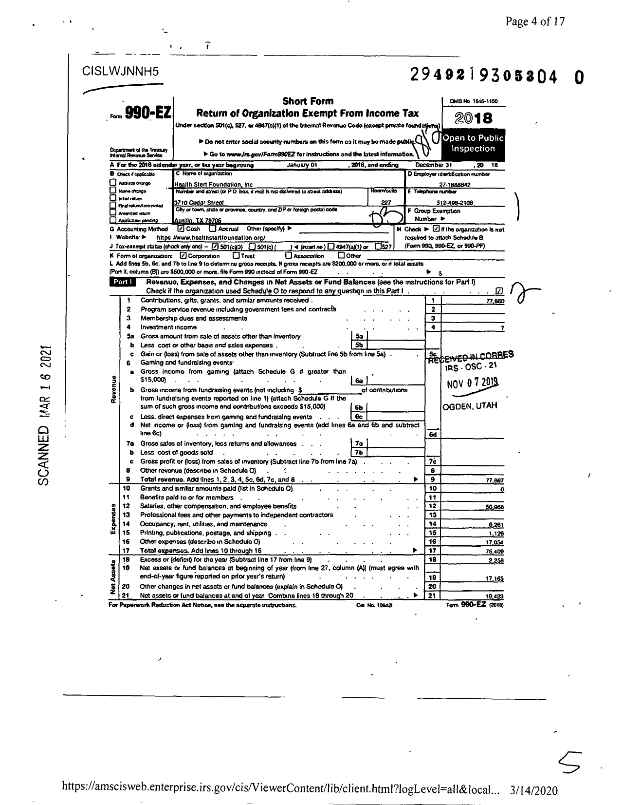 Image of first page of 2018 Form 990EZ for Health Start Foundation