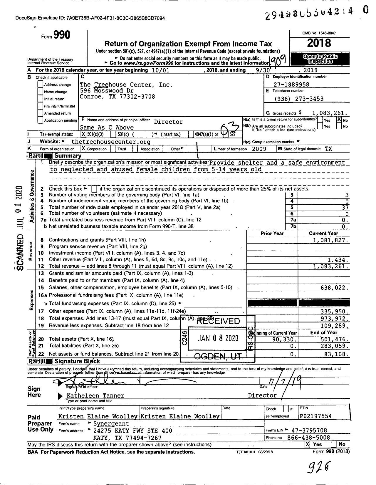 Image of first page of 2018 Form 990 for The Treehouse Center