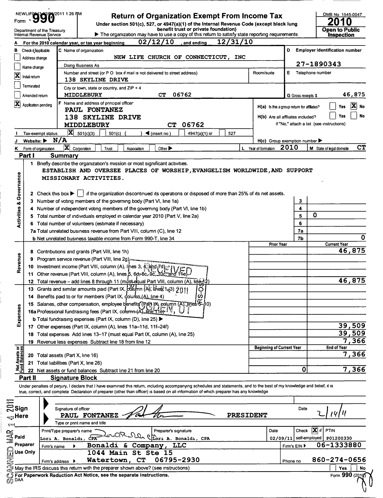 Image of first page of 2010 Form 990 for New Life Church of Connecticut