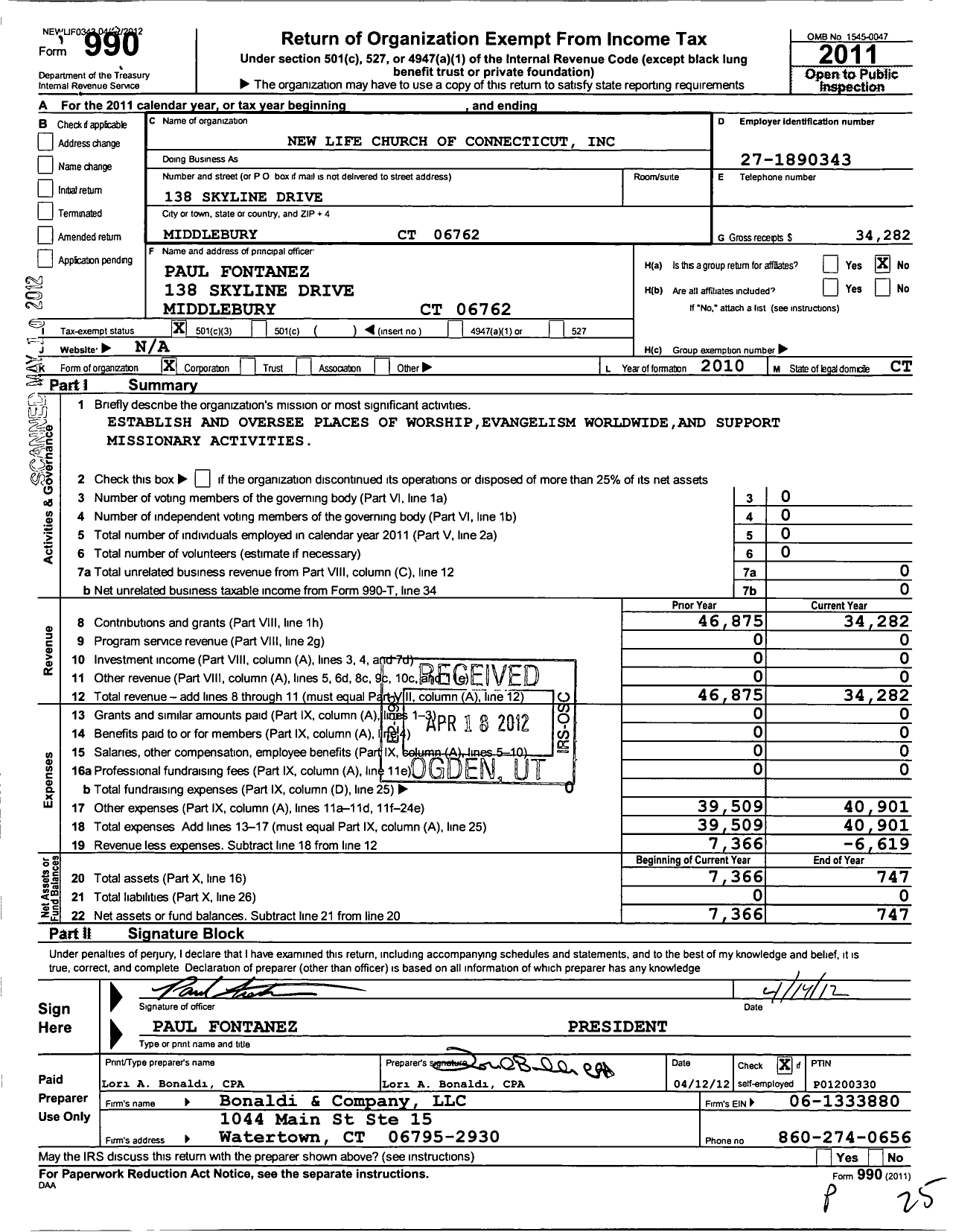 Image of first page of 2011 Form 990 for New Life Church of Connecticut