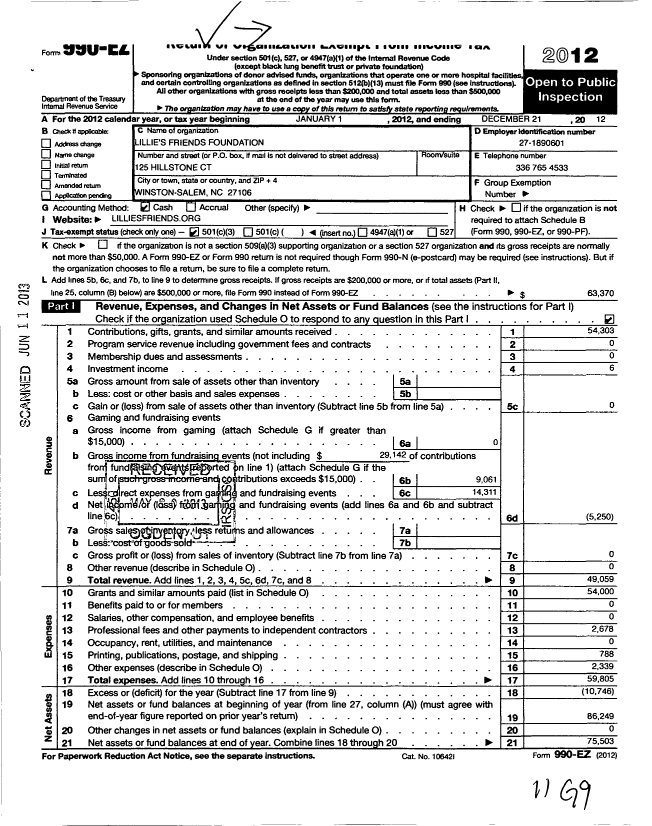 Image of first page of 2012 Form 990EZ for Lillies Friends Foundation