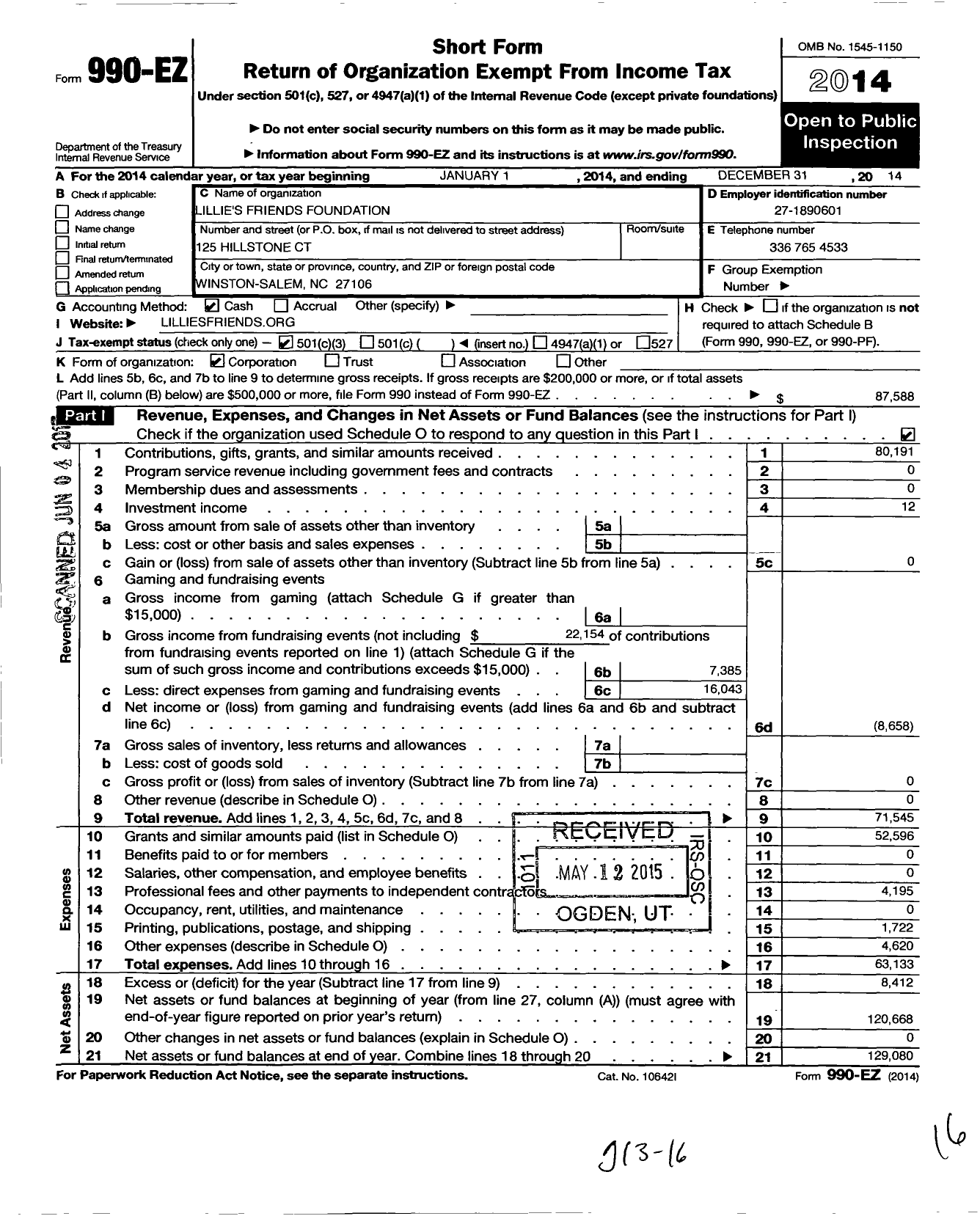 Image of first page of 2014 Form 990EZ for Lillies Friends Foundation