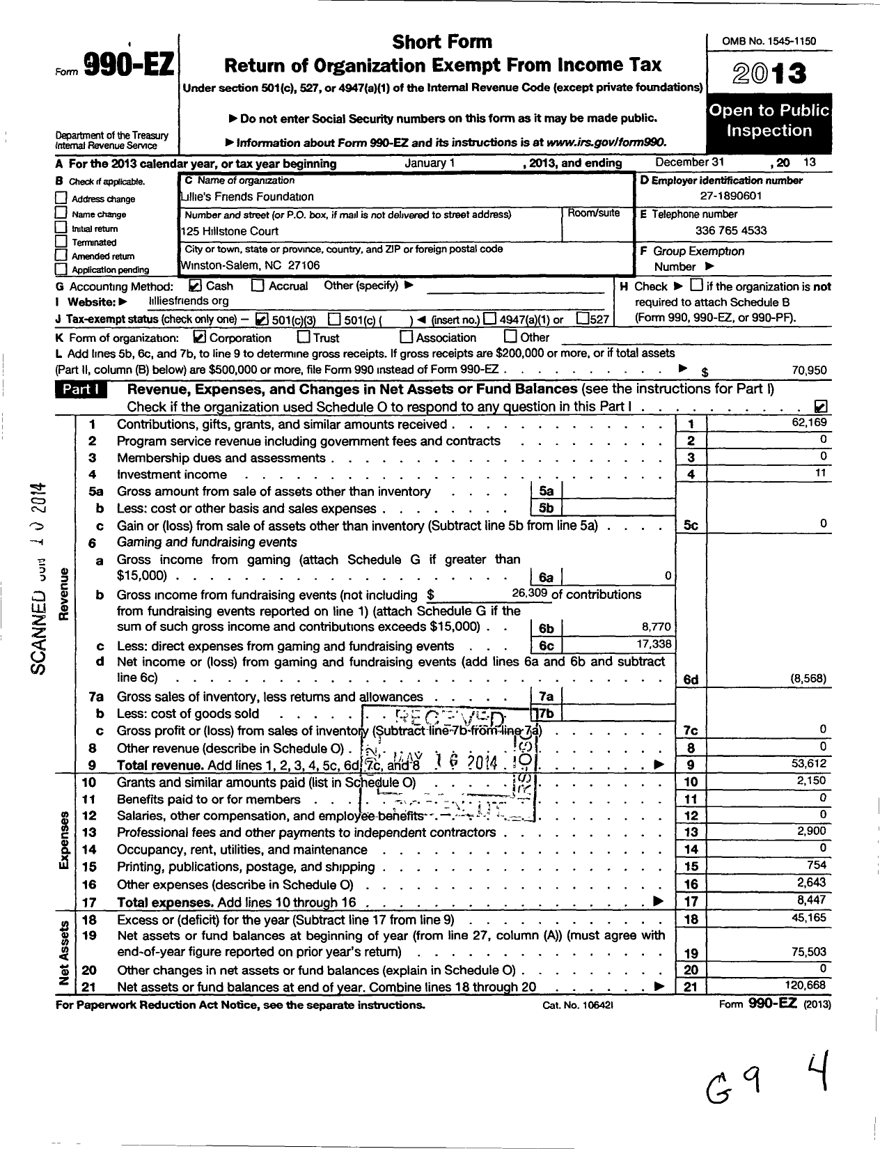 Image of first page of 2013 Form 990EZ for Lillies Friends Foundation