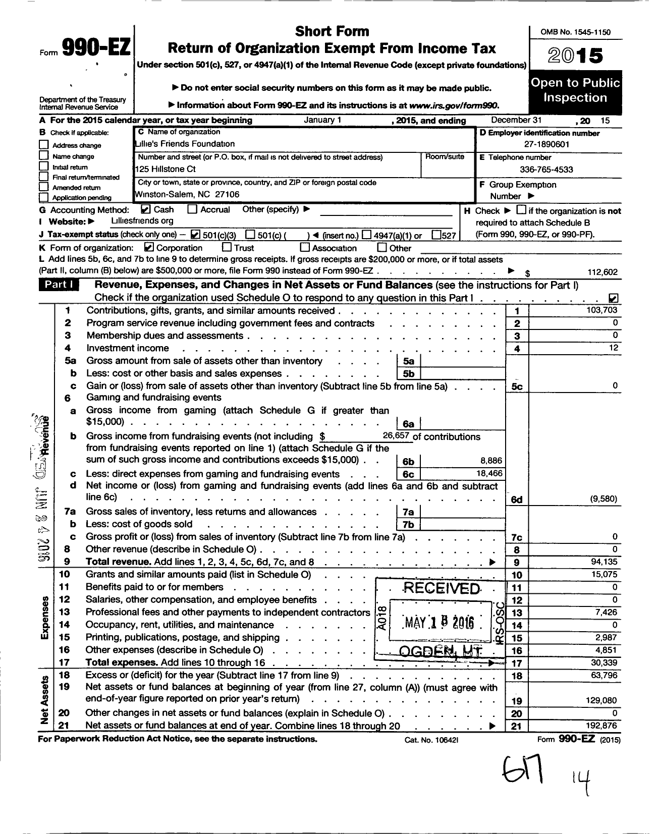 Image of first page of 2015 Form 990EZ for Lillies Friends Foundation