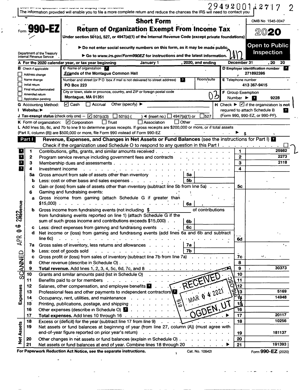 Image of first page of 2020 Form 990EZ for Friends of the Montague Common Hall