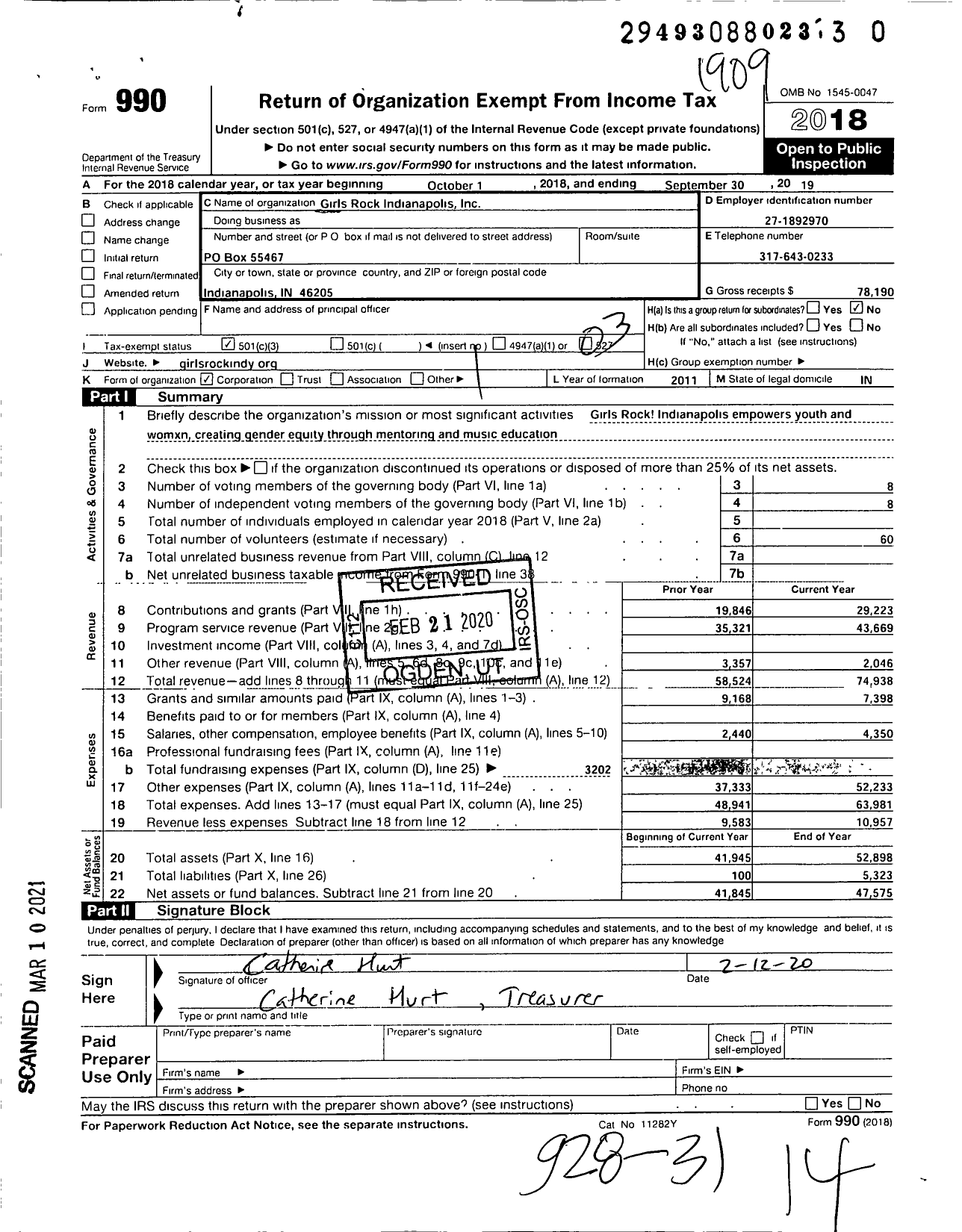 Image of first page of 2018 Form 990 for Girls Rock Indianapolis