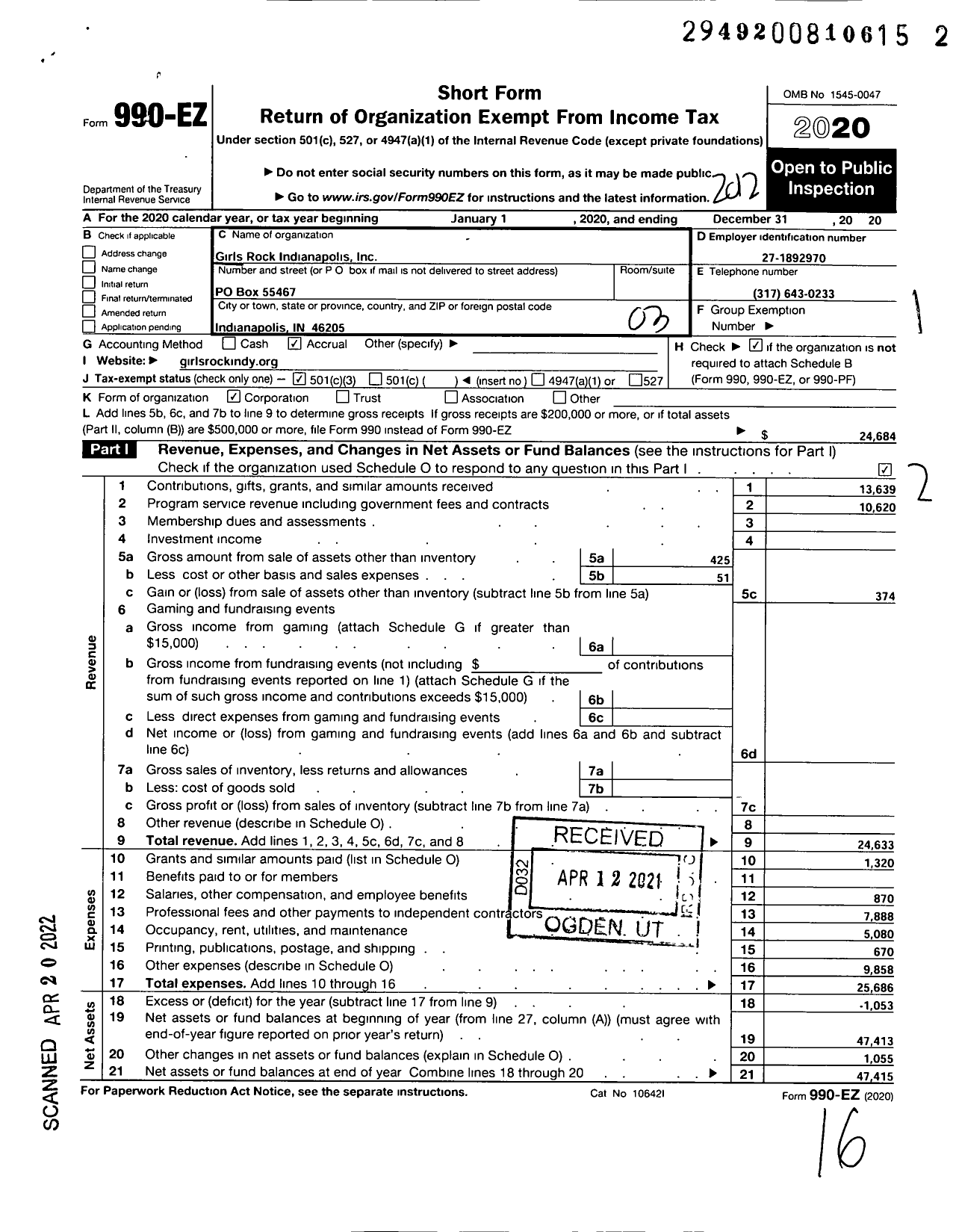 Image of first page of 2020 Form 990EZ for Girls Rock Indianapolis