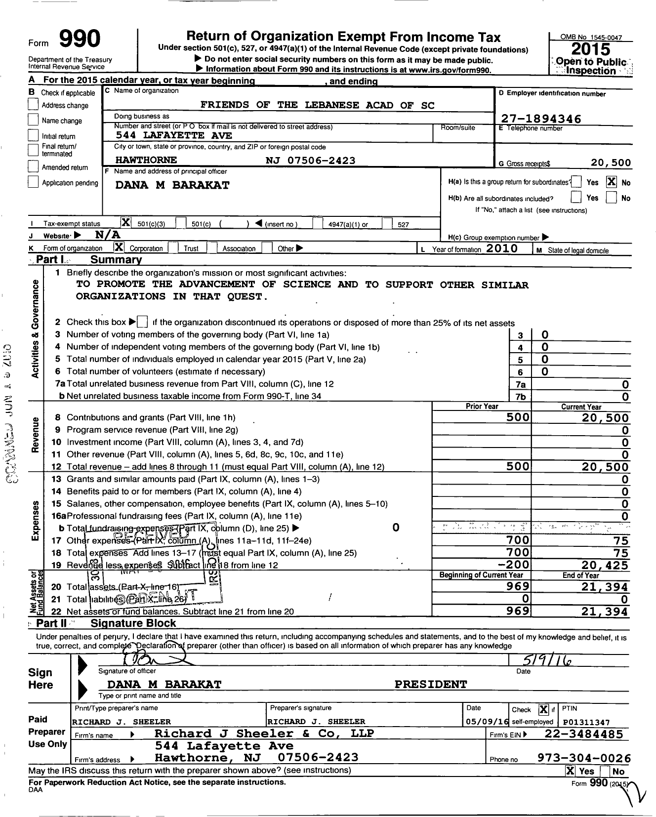 Image of first page of 2015 Form 990 for Friends of the Lebanese Acad of SC