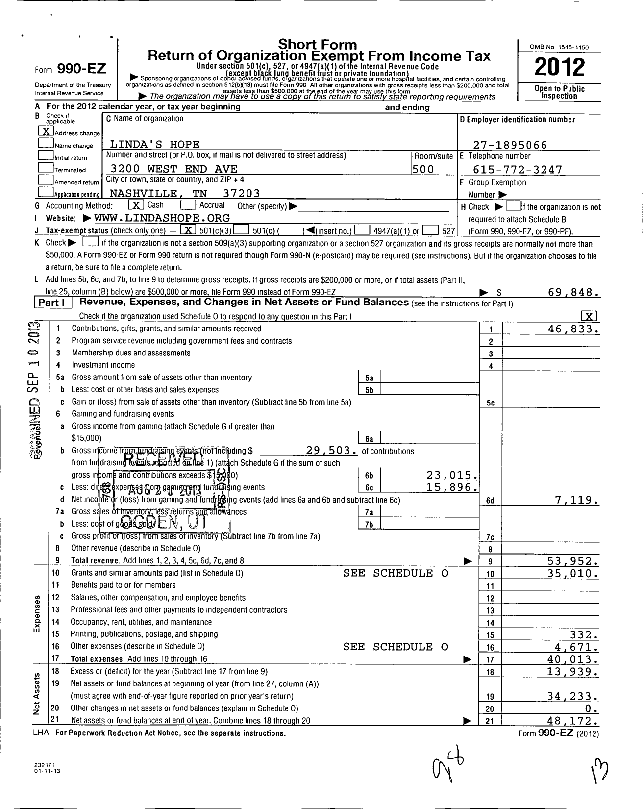 Image of first page of 2012 Form 990EZ for Lindas Hope