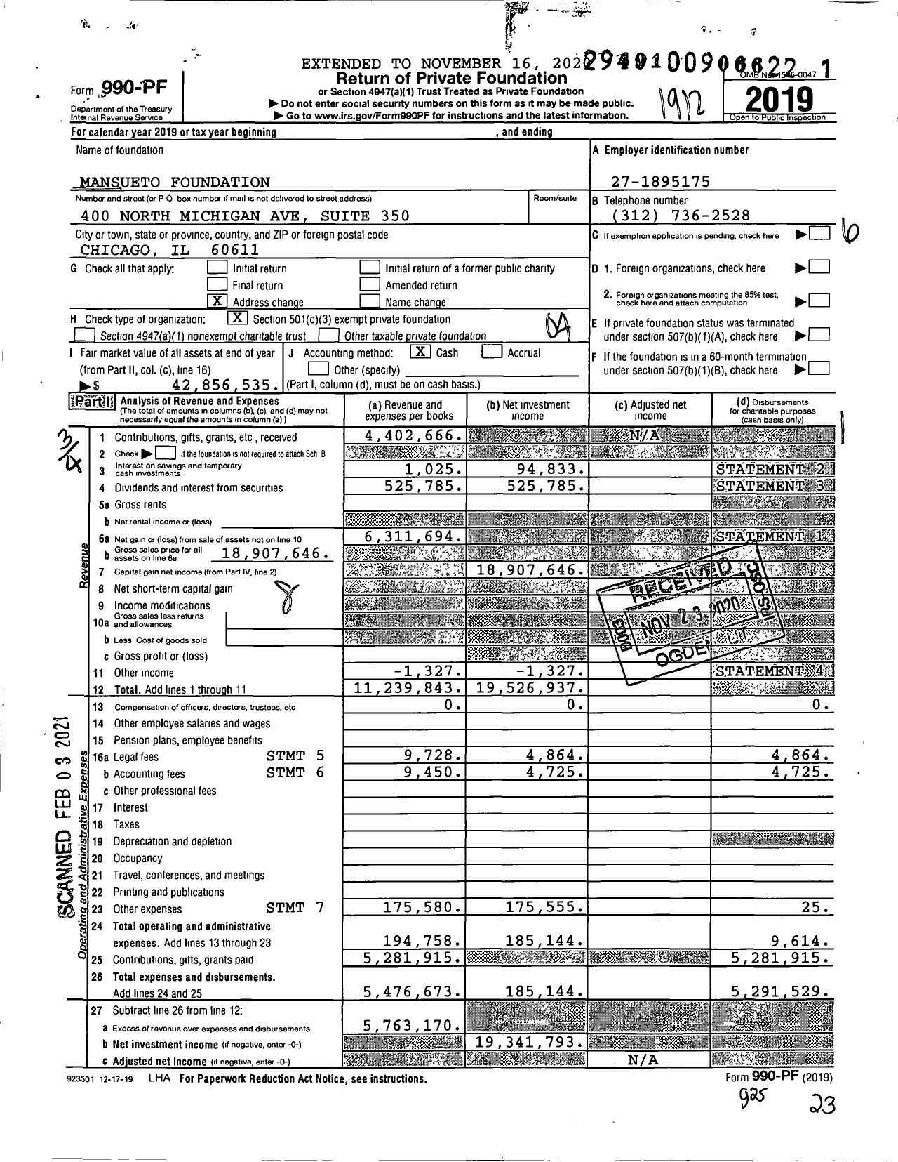 Image of first page of 2019 Form 990PF for Mansueto Foundation