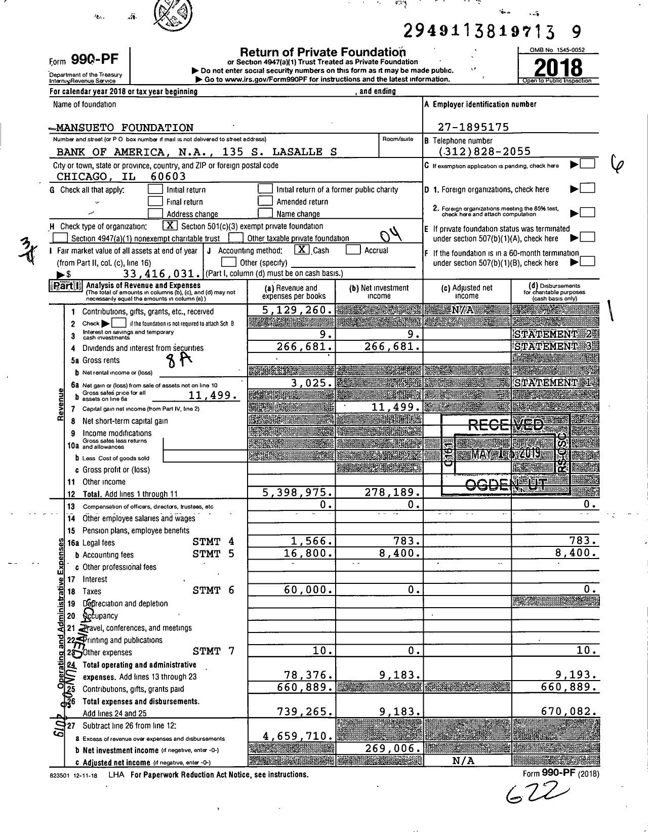 Image of first page of 2018 Form 990PF for Mansueto Foundation
