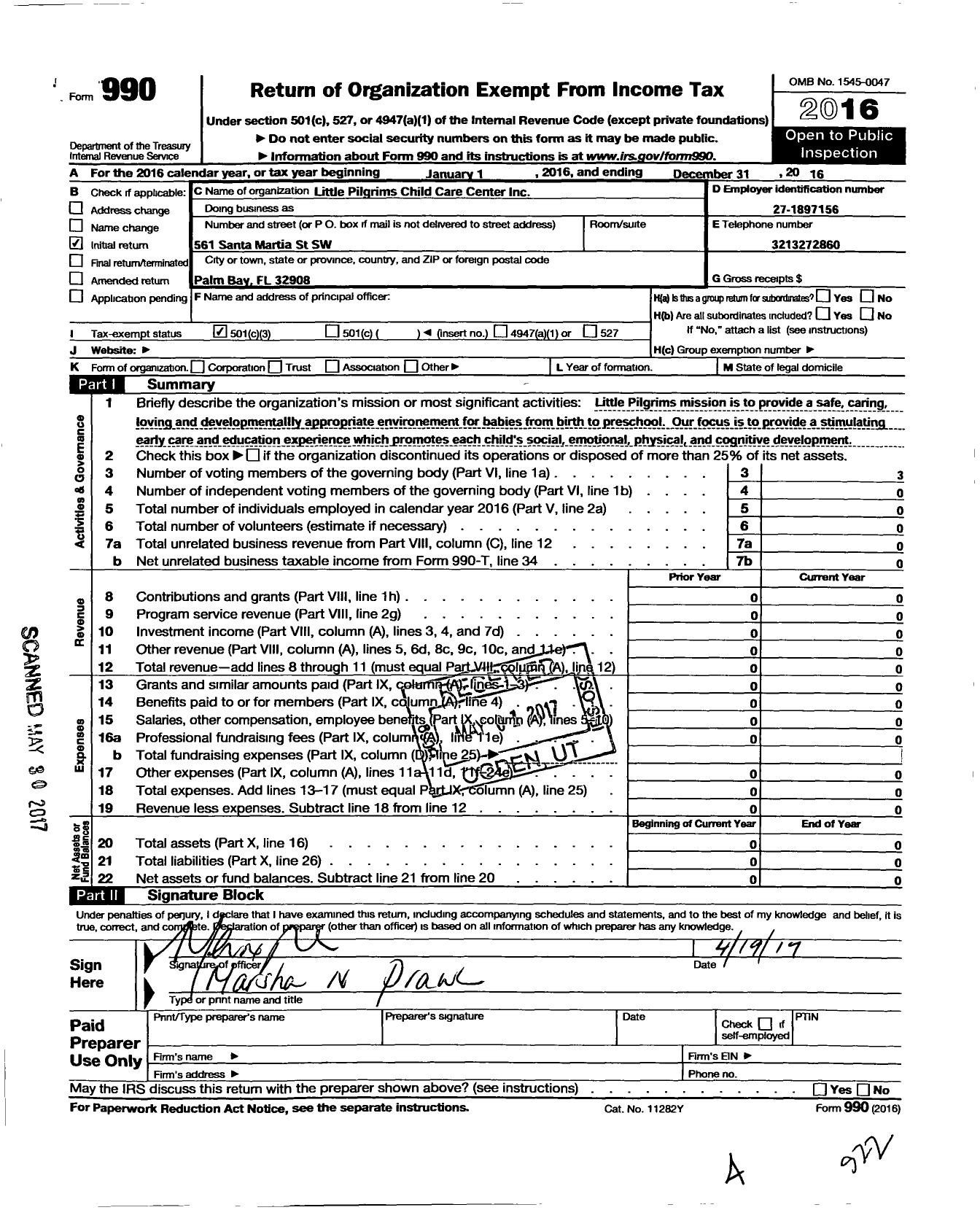 Image of first page of 2016 Form 990 for Little Pilgrims Child Care Center