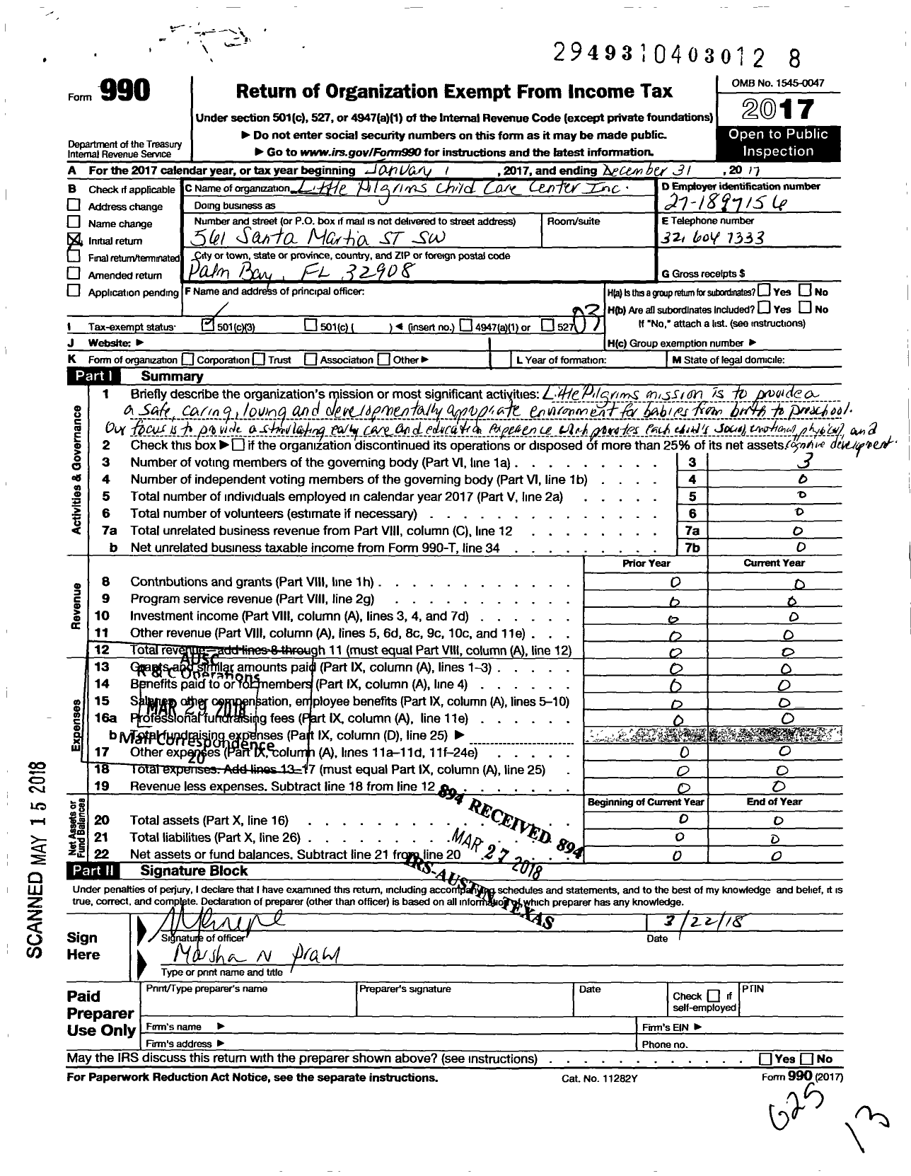 Image of first page of 2017 Form 990 for Little Pilgrims Child Care Center